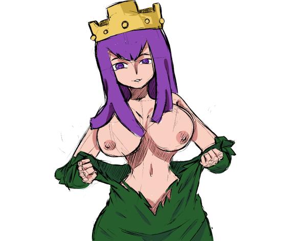 archer queen (clash of clans), big breasts, breasts, brown hair, clash (series), clash of clans, clash royale, crown, exposed breasts, female, female only, heart-shaped pupils, huge breasts, looking at viewer, ripped clothes, ripped clothing, sketch, solo, solo female, tagme, wanting sex