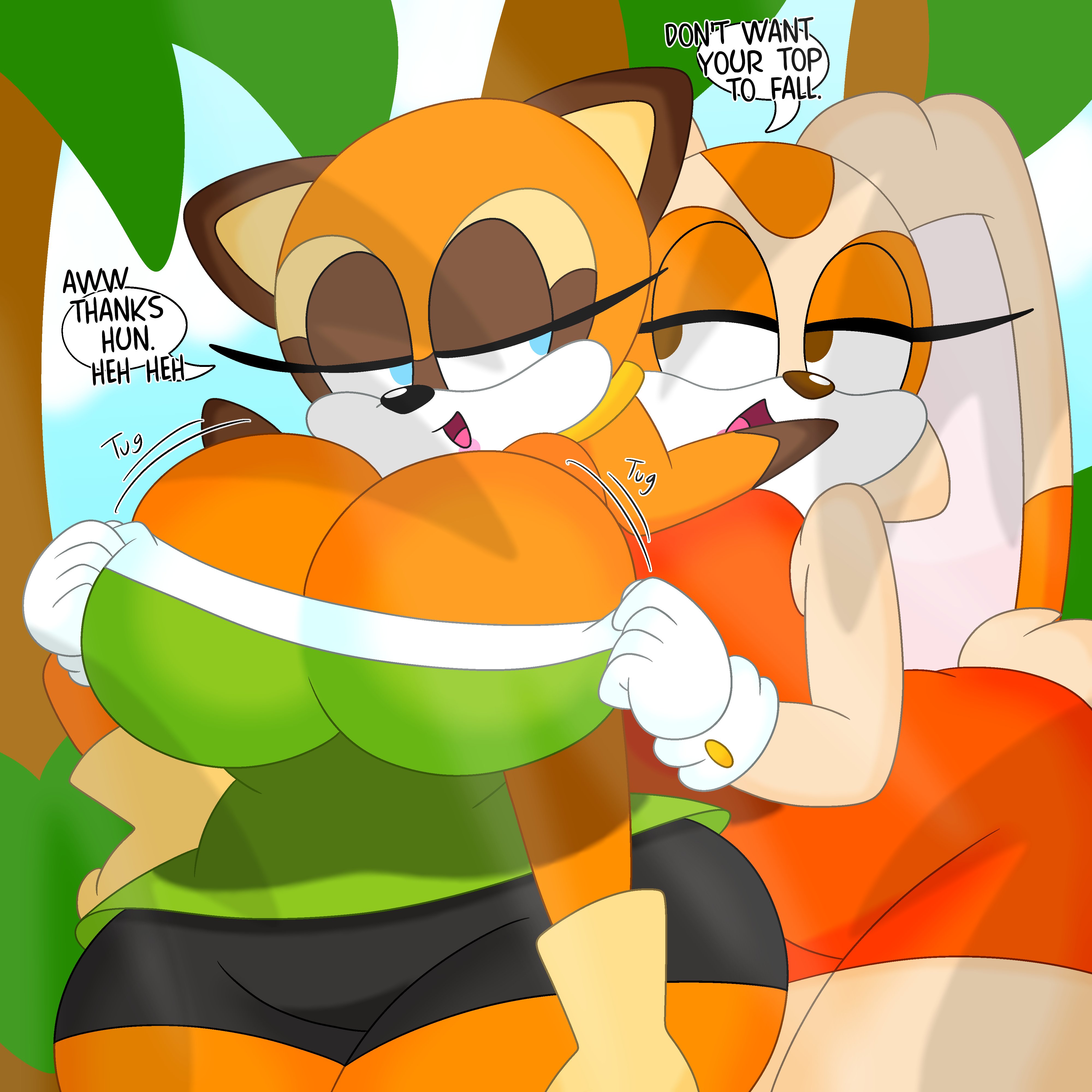 2girls, 3barts, anthro, ass in dress, bedroom eyes, big breasts, breast support, breasts, cleavage, clothing, cream the rabbit, dialogue, dress, female, female only, half-closed eyes, hand on hip, holding, holding up shirt, huge breasts, looking at another, looking back, marine the raccoon, rabbit, raccoon, shirt, shorts, smile, sonic (series), thick thighs, wide hips