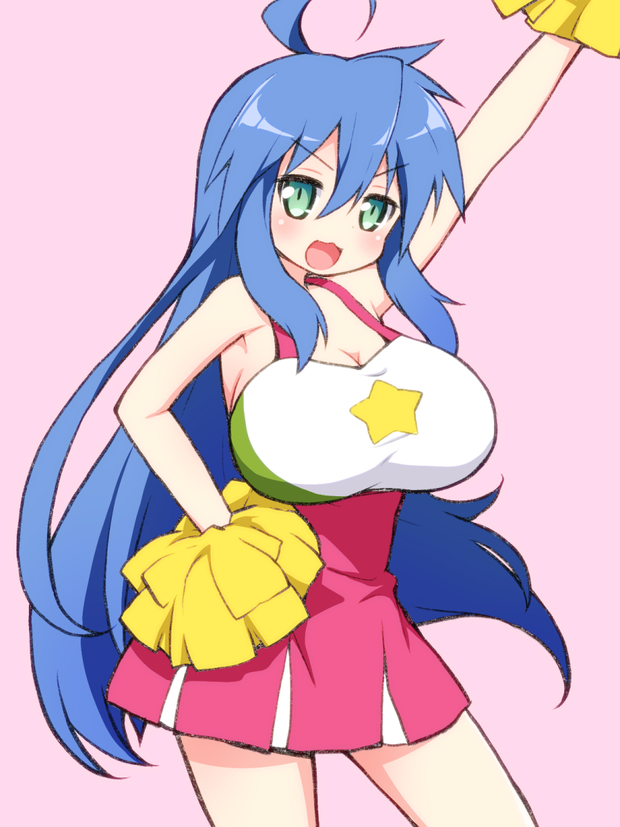 1girls, alternate breast size, blue hair, blush, breasts, cheerleader, cheerleader uniform, cleavage, clothed, female, green eyes, konata izumi, large breasts, looking at viewer, lucky star, pom poms, shirogane hakuba, solo, solo female, solo focus, suggestive, thighs