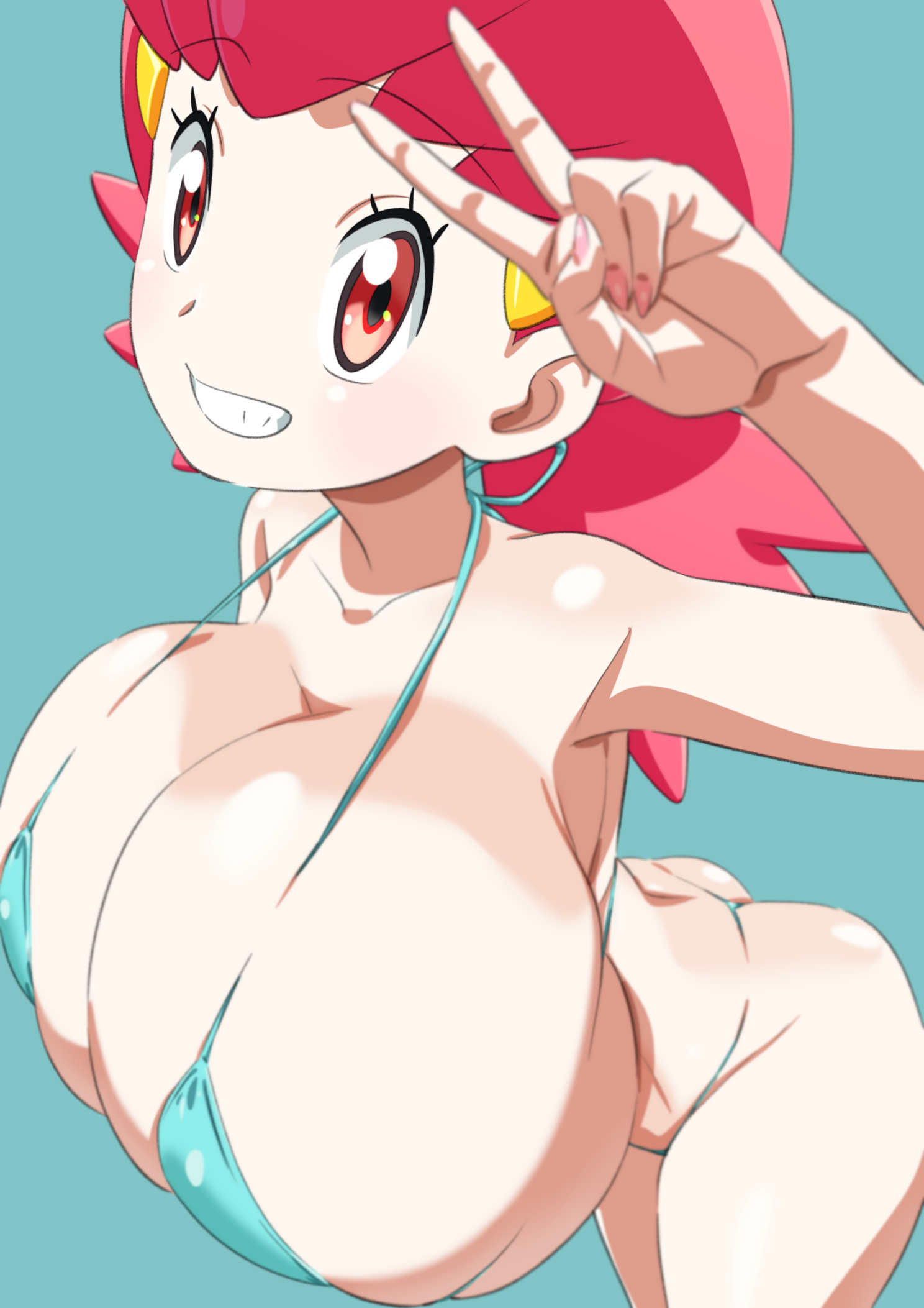 1girls, alternate breast size, ass, bakunyuu, big breasts, bikini, bikini bottom, bikini top, blue bikini, bottomwear, breast focus, breasts, clothing, female, female only, game freak, huge breasts, ika daishogun, large breasts, looking at viewer, massive breasts, peace sign, pink hair, pokemon, pokemon gsc, red eyes, smile, solo, solo female, swimsuit, thick thighs, thighs, thong, topwear, whitney (pokemon)