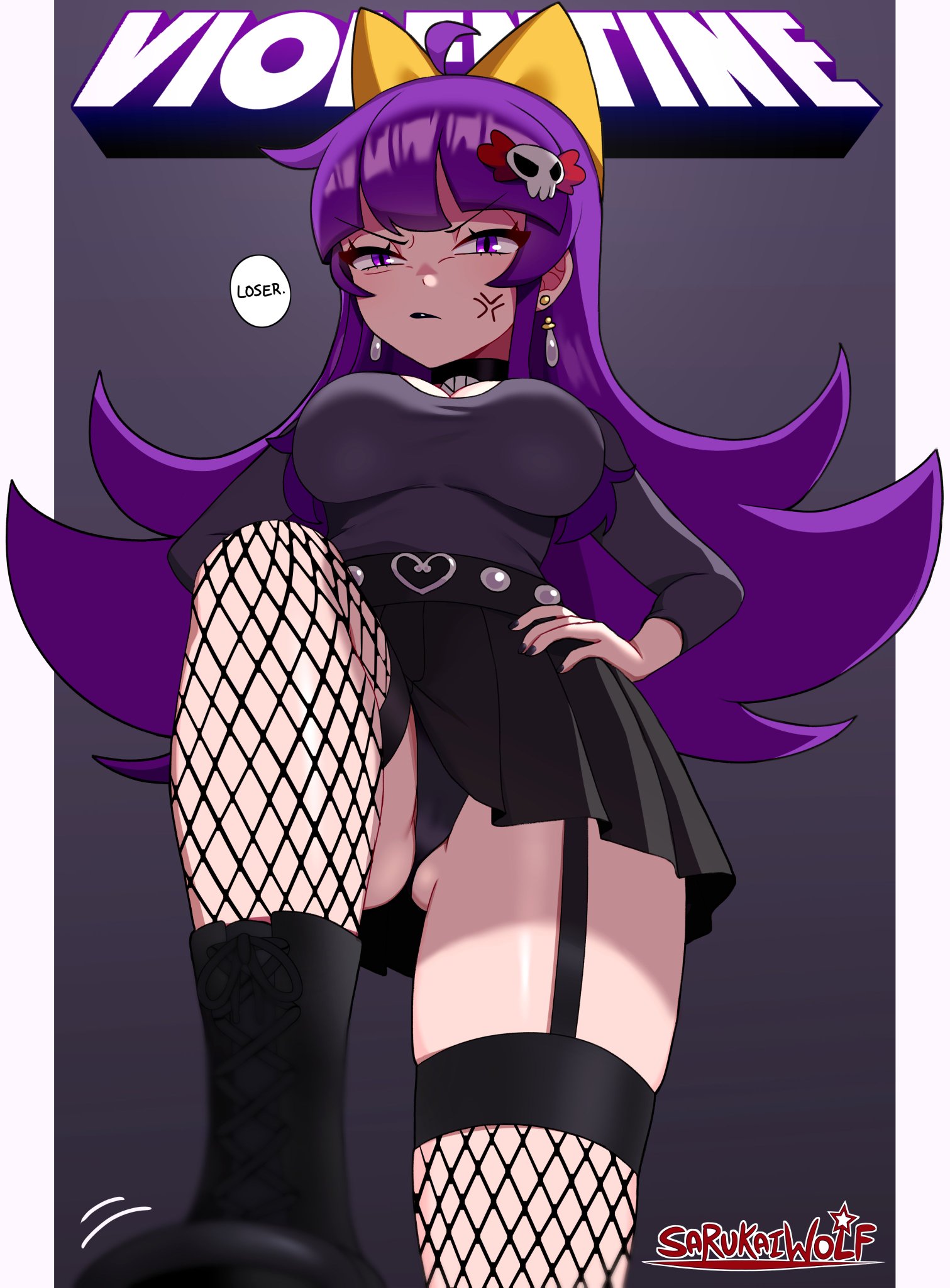 anger vein, angry face, breasts, earrings, female, female only, hair ornament, insulting viewer, light skin, light-skinned female, long purple hair, original, purple eyes, purple hair, sarukaiwolf, solo, solo female, text, text bubble, thighs, violentine (sarukaiwolf), voluptuous