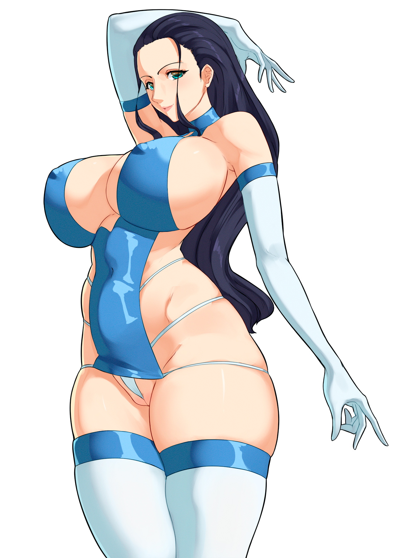1girls, 47 hard, armwear, big breasts, black hair, black-haired female, blue eyes, breasts, cameltoe, choker, eye contact, female, female only, gloves, huge breasts, legwear, long hair, looking at viewer, nico robin, nipple bulge, one piece, post-timeskip, pussy, solo, thick thighs, thighhighs, thighs, thong, wide hips