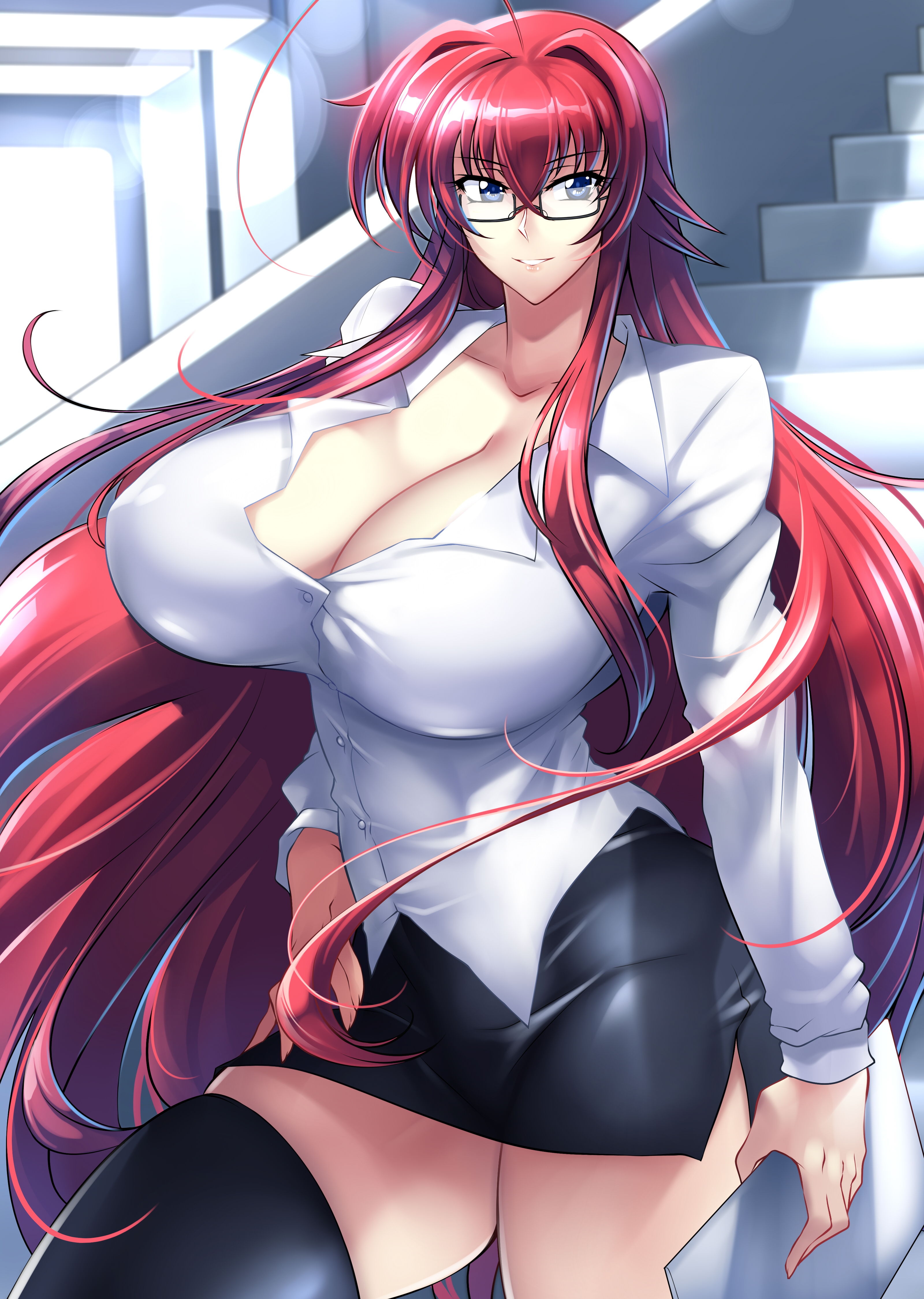 1girls, bangs, big breasts, black clothing, black skirt, blue eyes, breasts, busty, cleavage, clipboard, clothed, clothed female, clothes, clothing, collared shirt, female, female focus, female only, fit, fit female, glasses, haganef, high school dxd, hips, holding clipboard, hourglass figure, huge breasts, human, human only, humanoid, large breasts, light skin, light-skinned female, red hair, rias gremory, shirt, skirt, smile, smiling, solo, solo female, solo focus, stairs, thick, thick thighs, thighhighs, thighs, white clothing, white shirt, wide hips