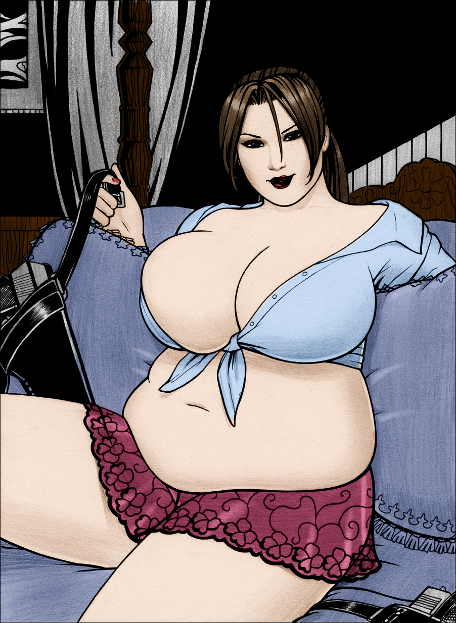 1girls bbw bed belly big_belly big_breasts breasts brown_hair chubby cleavage fat female huge_breasts lara_croft lara_croft_(l.a.u.) overweight plump rplatt skimpy skirt solo_female thick_thighs thighs tomb_raider tomb_raider_(l.a.u.)