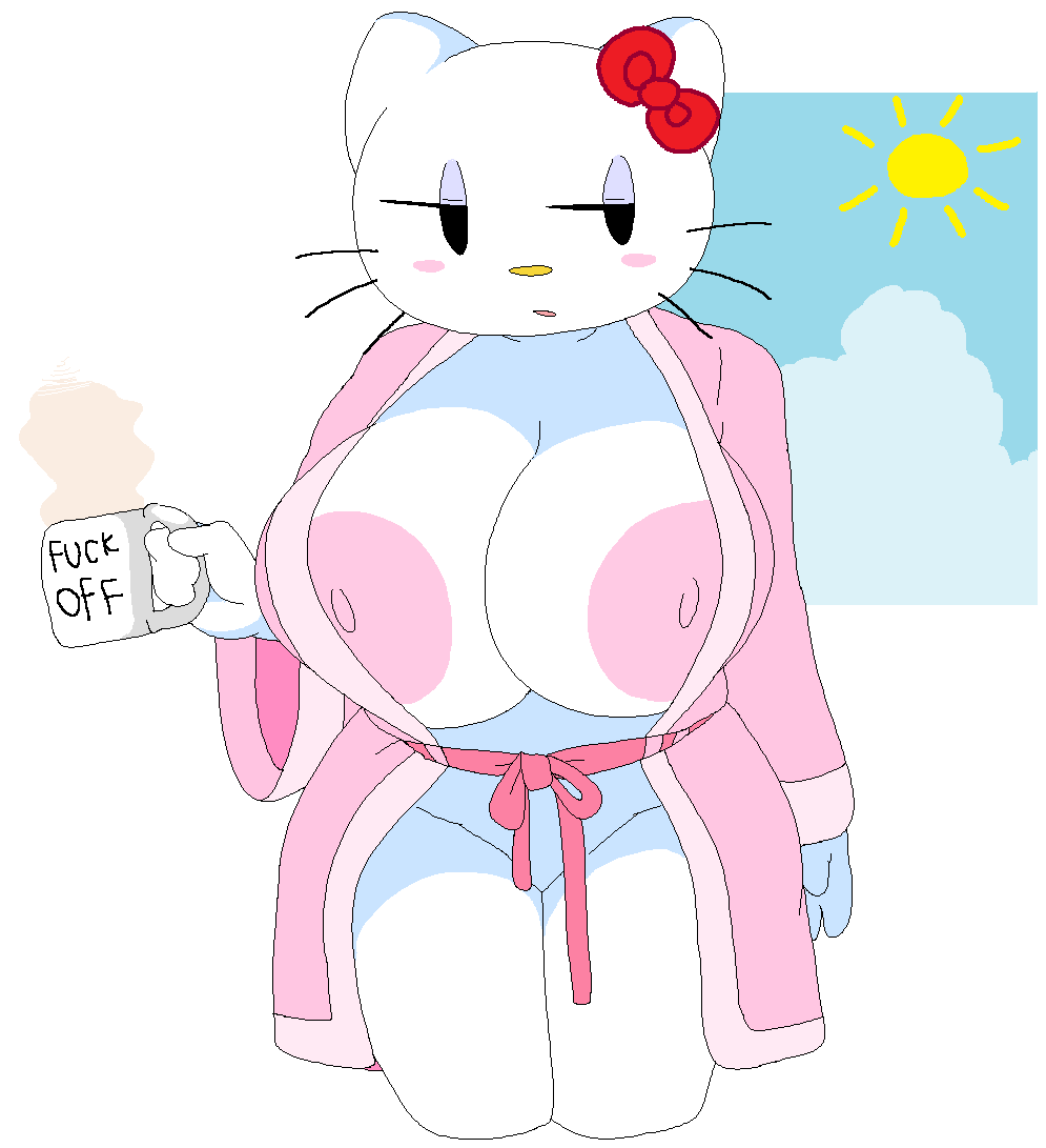 anthro, bathrobe, big areola, big breasts, big nipples, breasts, breasts out, dream-cassette, female, hello kitty, hello kitty (character), hello kitty (series), hoshime, huge areolae, huge nipples, kitty white, mob face, nipple slip, open clothes, pink nipples, robe, sanrio, shortstack, solo, tagme