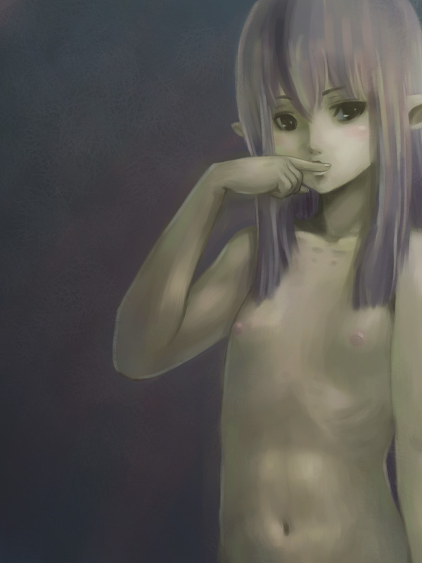 artistic_nude female final_fantasy final_fantasy_xi flat_chest long_hair nude pointy_ears prishe purple_hair solo tara_baka_ni tasteful_nudity