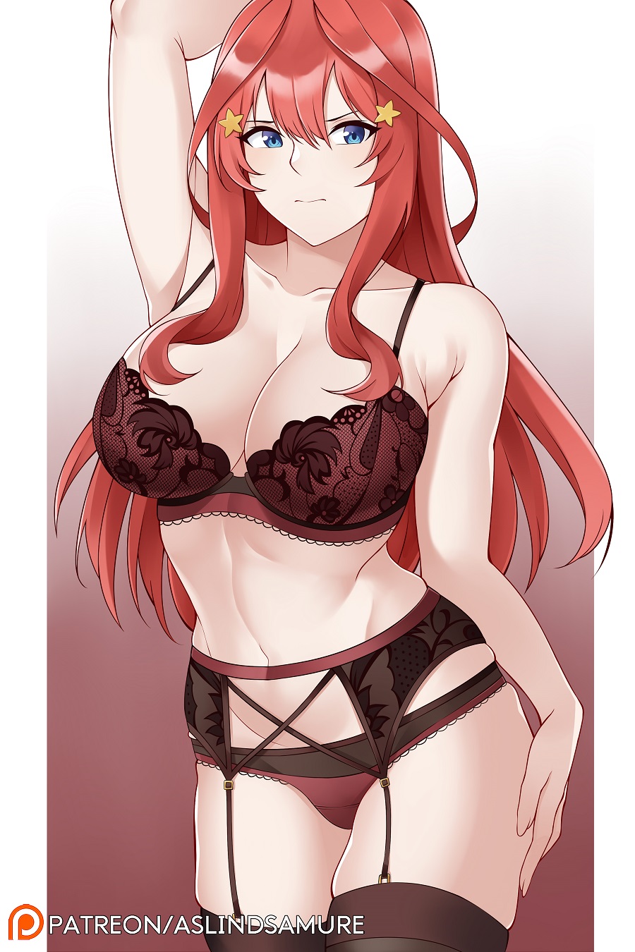 aslindsamure black_stockings blue_eyes busty go-toubun_no_hanayome hand_on_thigh hand_on_thighs hands_on_thigh hands_on_thighs lingerie long_hair long_red_hair nakano_itsuki red_bra red_hair