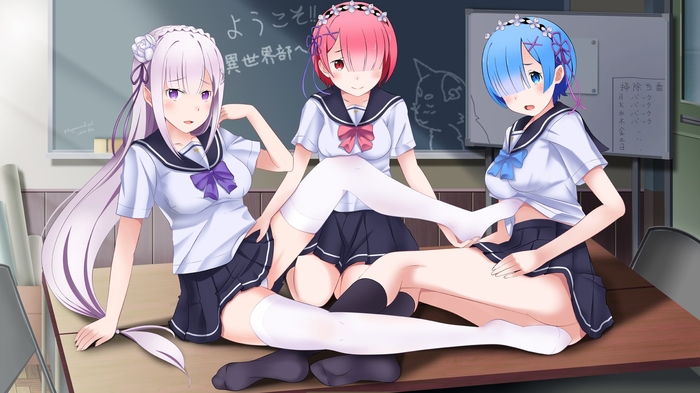 10s 3girls alternate_costume alternate_outfit black_legwear black_skirt blue_eyes blue_hair blue_ribbon blush box braid breasts cardboard_box classroom clubroom collarbone contemporary desk edogawakid elf elf_ears elf_female elf_girl emilia_(re:zero) feet female females_only flower flower_in_hair foot_hold foot_on_stomach grabbing hair_flower hair_ornament hair_over_one_eye half_elf hand_on_foot hand_on_thigh indoors legs_together long_hair looking_at_viewer medium_breasts multiple_girls no_panties no_shoes no_underwear on_desk on_table oni oni_female open_mouth open_smile panties pantyshot pink_eyes pink_ribbon pointy_ears posing purple_eyes ram_(re:zero) re:zero_kara_hajimeru_isekai_seikatsu rem_(re:zero) school school_uniform schoolgirl serafuku short_hair showing_ass showing_panties siblings silver_hair sisters sitting sitting_on_desk sitting_on_table skirt skirt_lift smiling smiling_at_viewer spread_legs teenage_girl teenager thighhighs thighs twins underwear white_flower white_hair white_legwear white_panties whiteboard zettai_ryouiki