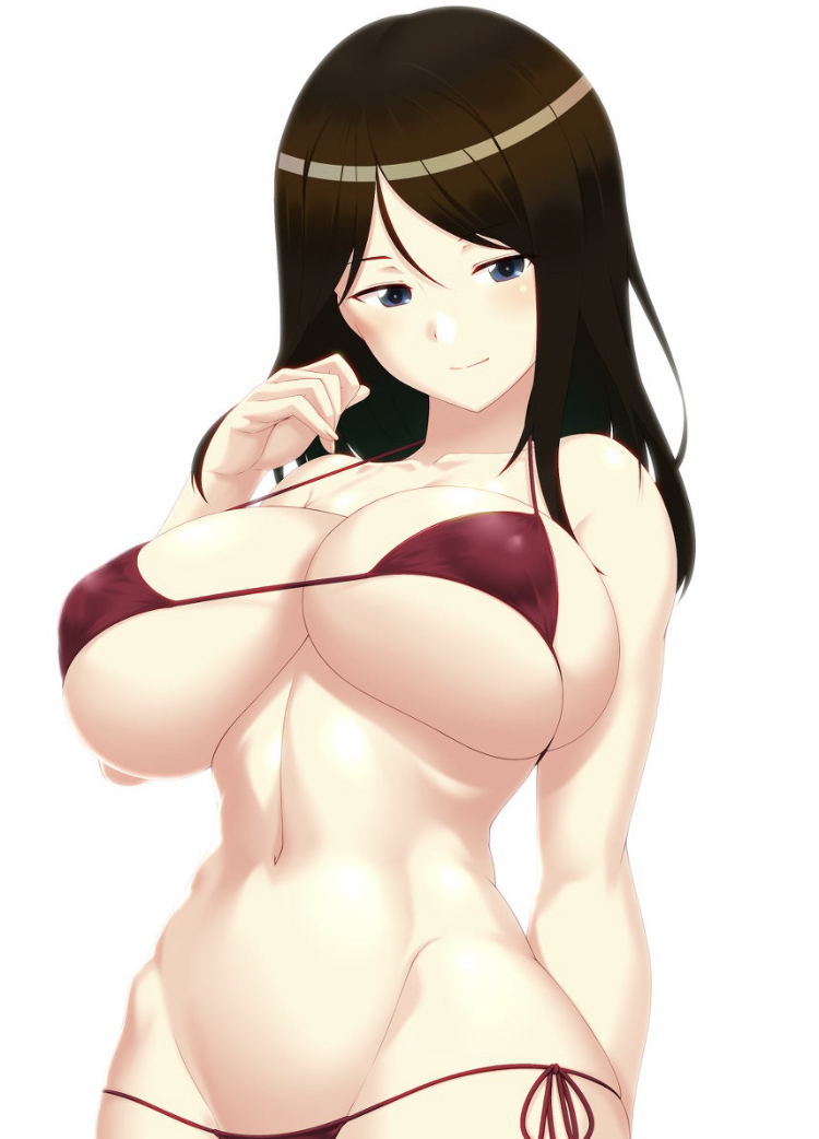 almost naked, bikini, blue eyes, blush, breasts, brown hair, female, girls und panzer, hourglass figure, large breasts, nonna (girls und panzer), red bikini, seductive, seductive look, seductive smile, skimpy, skimpy bikini, skimpy clothes