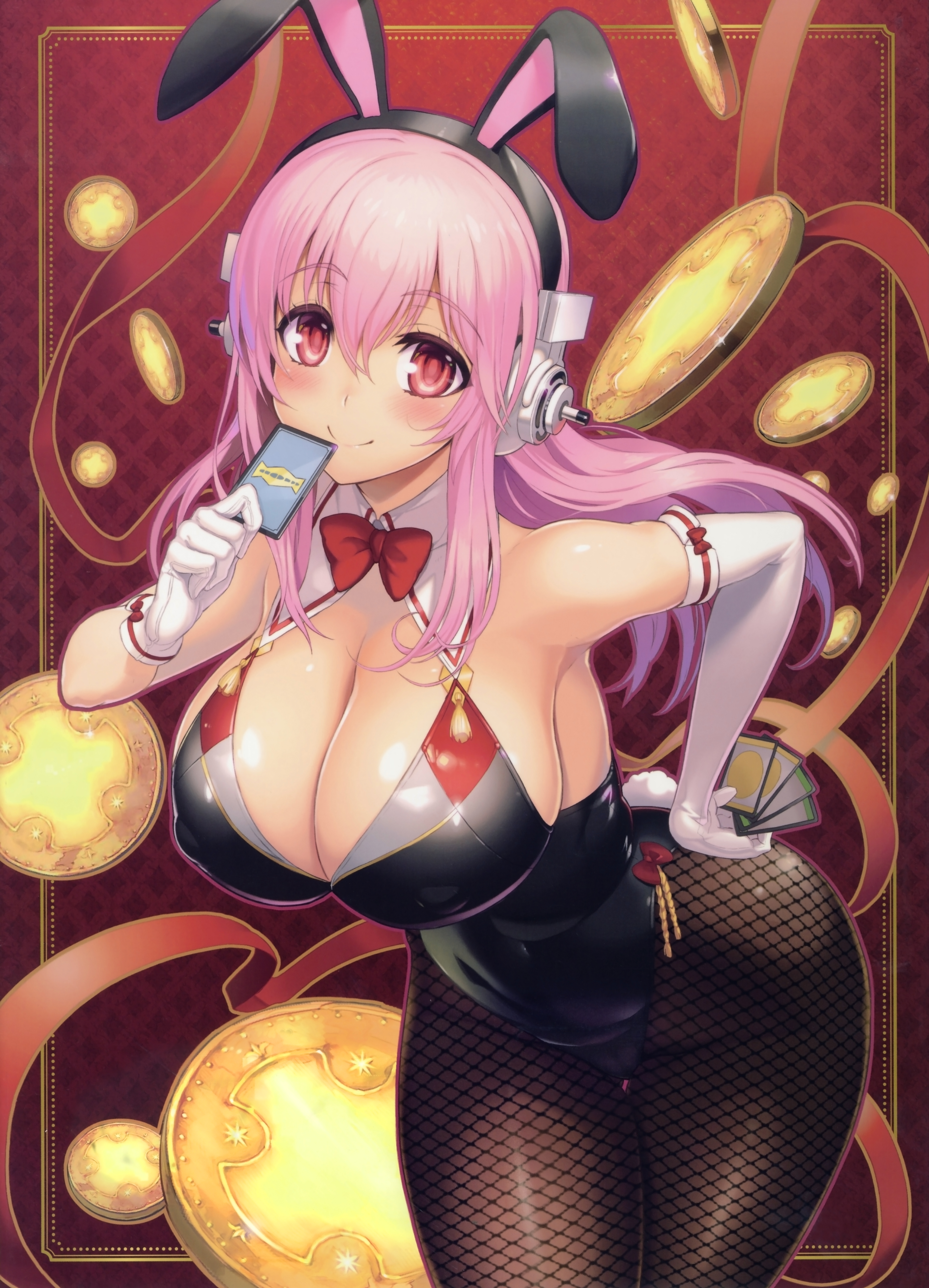 1girls, breasts, cameltoe, female, fishnets, huge breasts, nitroplus, ookuma (nitroplus), pink hair, playboy bunny, pussy, solo, super sonico