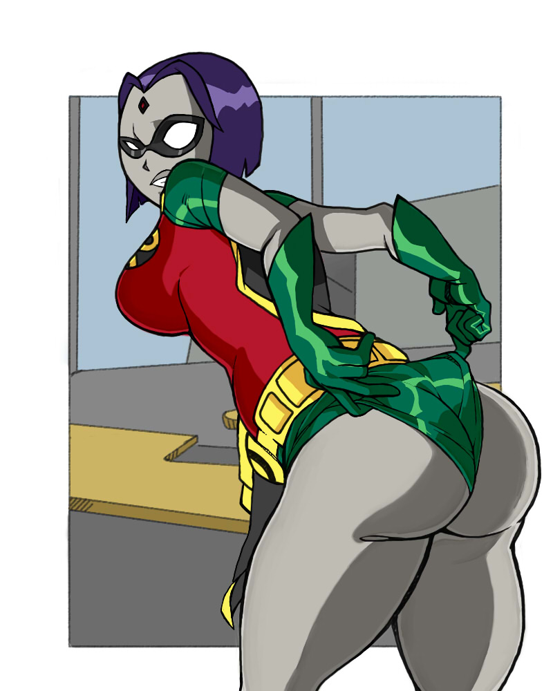 1girls ass big_ass clothed clothed_female cosplay dc dc_comics female female_only forehead_jewel gloves grubberpix looking_back purple_hair rachel_roth raven_(dc) rear_view robin_(dc) robin_(dc)_(cosplay) teen_titans thick_thighs wedgie