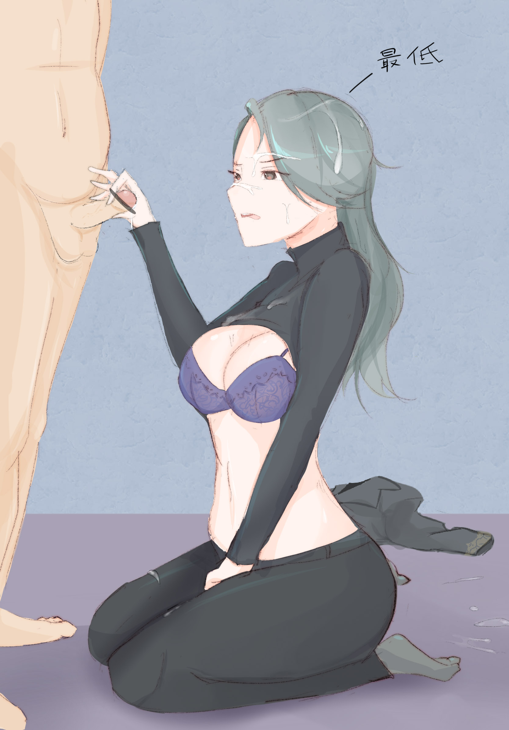 1boy, 1girls, 9 9bird, atlus, bra, censored, clothed female nude male, cum, cum on face, female, grey hair, handjob, kneeling, lingerie, long hair, male, penis, persona, persona 5, premature ejaculation, sae niijima, small penis, small penis humiliation, translation request, turtleneck