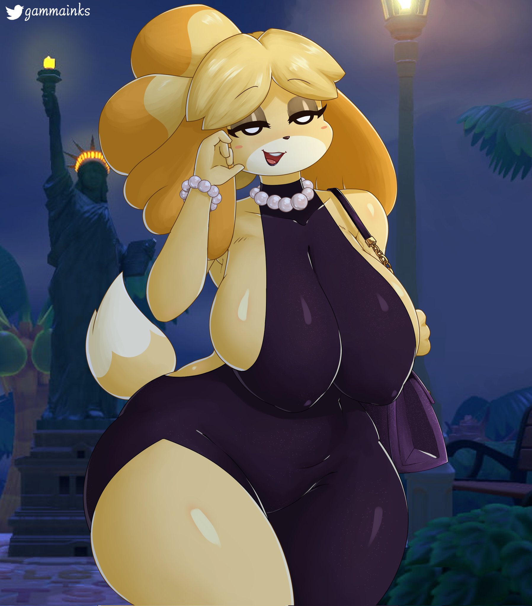 accessory, animal crossing, anthro, background, bag, big breasts, breasts, canine, canis, cleavage, clothed, clothed female, clothing, digital media (artwork), elegant, female, fur, furry, furry only, gammainks, heart, hi res, huge breasts, isabelle (animal crossing), large breasts, makeup, mob face, nintendo, nipple bulge, shih tzu, smile, tail, thick thighs, thunder thighs, wide hips