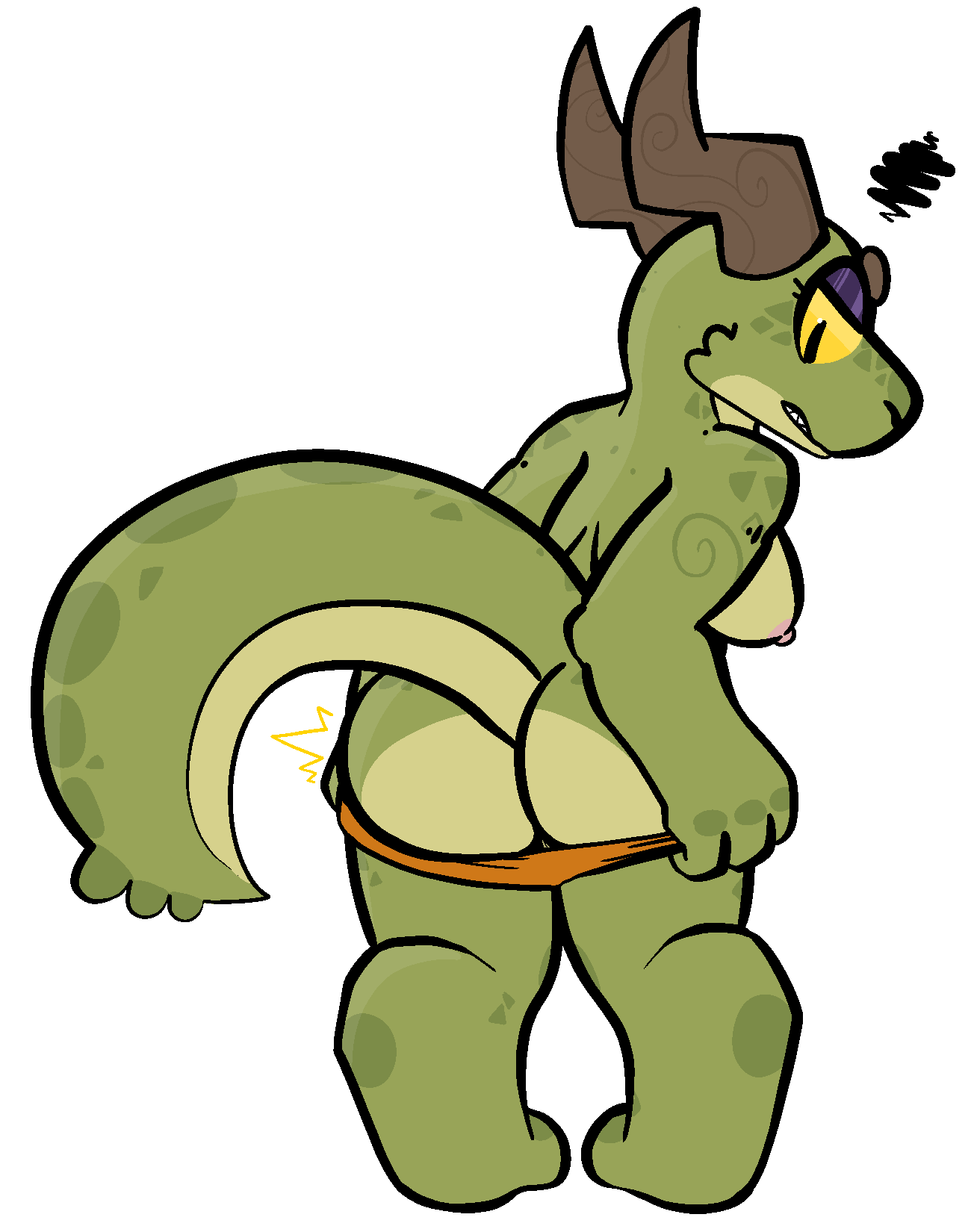 anthro ass breasts clothed clothing clothing_too_small female genitals hi_res horn kobold nipples panties pussy reptile scalie solo topless trout_(artist) underwear