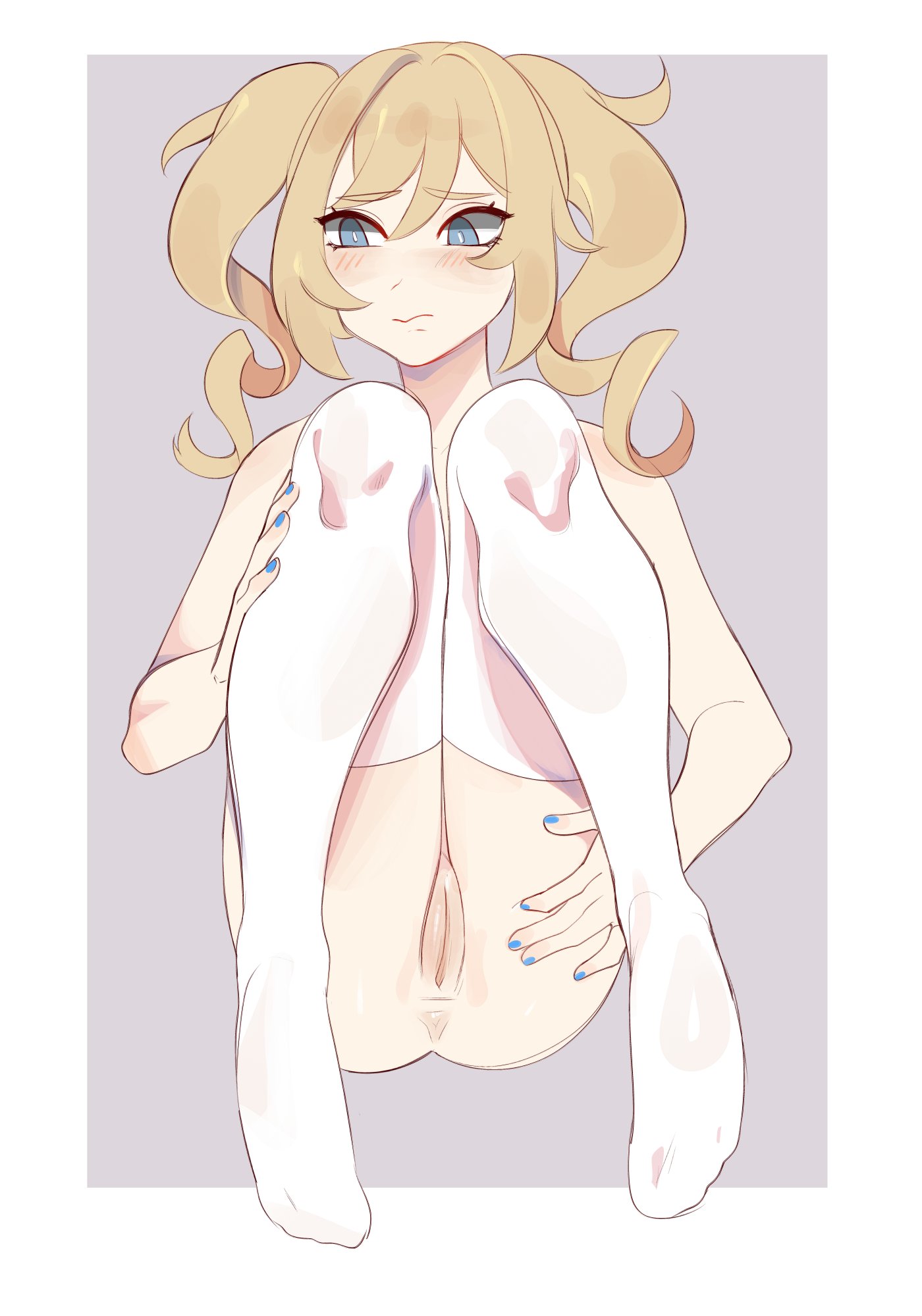 1girls, 6lushy, anus, barbara (genshin impact), blonde hair, blue eyes, blue nails, blush, female, genshin impact, nervous, nude, nun, painted nails, pussy, solo, solo female, thighhighs, twintails, uncensored, vagina
