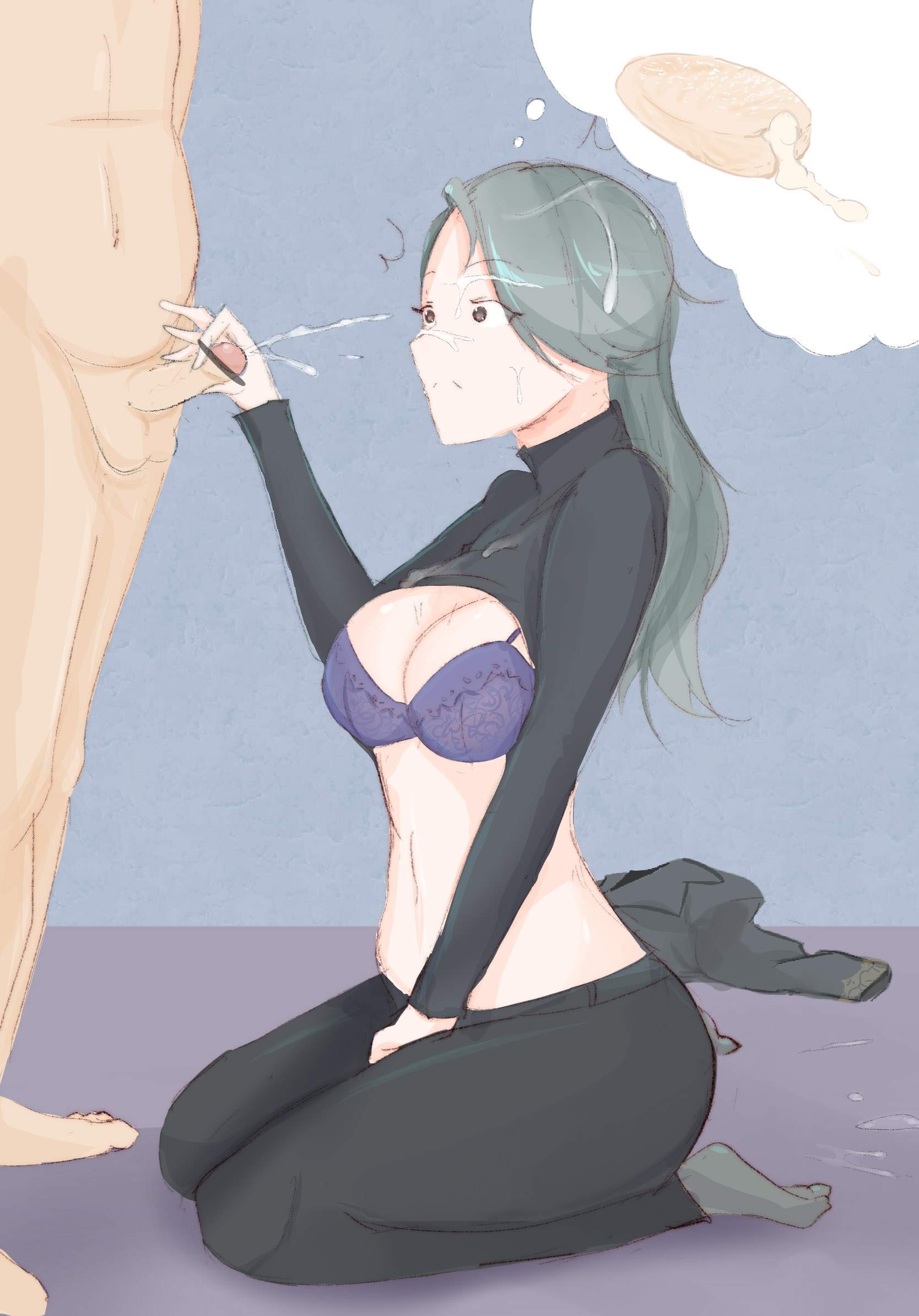 1boy, 1girls, 9 9bird, atlus, bra, censored, clothed female nude male, cum, cum on face, cumshot, female, grey hair, handjob, kneeling, lingerie, long hair, male, penis, persona, persona 5, premature ejaculation, sae niijima, small penis, small penis humiliation, surprised, turtleneck