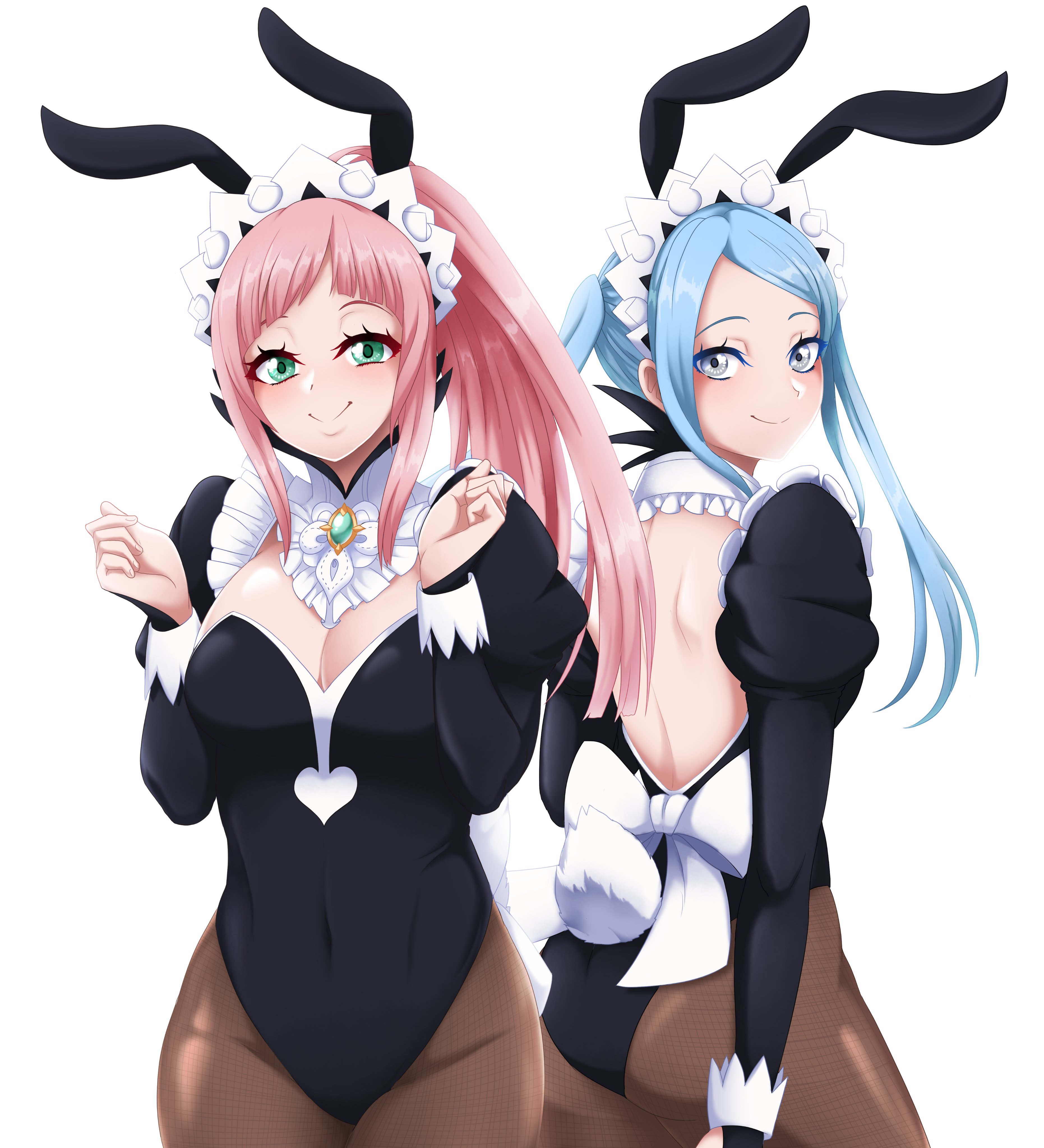 2girls, absurdres, alternate costume, animal ears, ass, back, back view, backless outfit, big ass, blue hair, blush, breasts, bunny ears, bunny girl, bunnysuit, cleavage, felicia (fire emblem), female, female only, fire emblem, fire emblem fates, flora (fire emblem), green eyes, grey eyes, highres, large breasts, long hair, looking at viewer, looking back, maid, maid headdress, multiple females, multiple girls, nintendo, pantyhose, pink hair, playboy bunny, ponytail, puffy sleeves, rabbit ears, rabbit tail, ribbon, seityr, siblings, sisters, smile, tail, twins, twintails