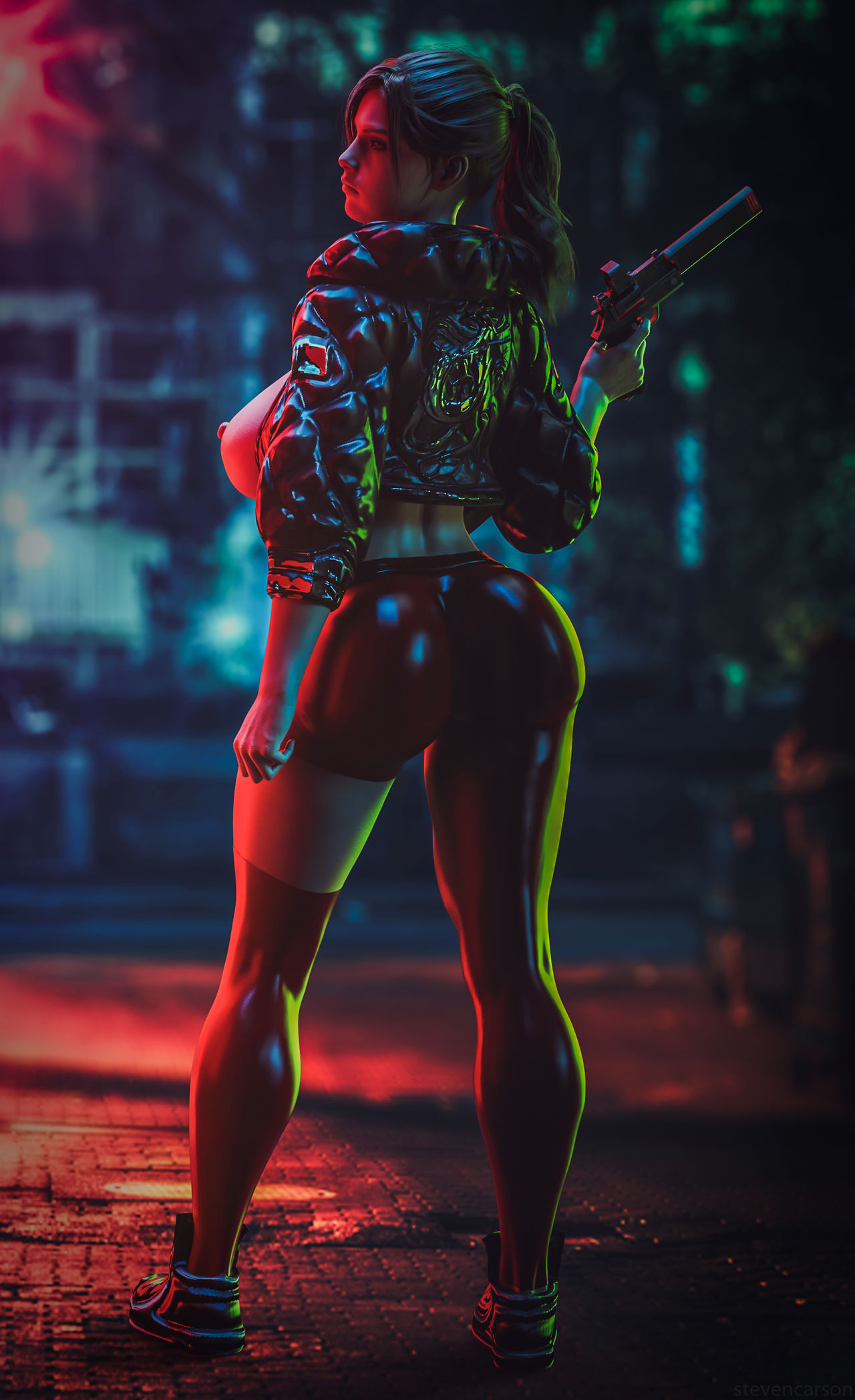1girls, 3d, big breasts, breasts, brown hair, busty, capcom, casual exposure, casual nudity, claire redfield, claire redfield (jordan mcewen), female, female only, firearm, footwear, full body, handgun, hourglass figure, human, large breasts, legwear, long hair, pale skin, pinup, pinup pose, ponytail, public, resident evil, resident evil 2, resident evil 2 remake, revolver, solo, standing, stevencarson, weapon, wide hips