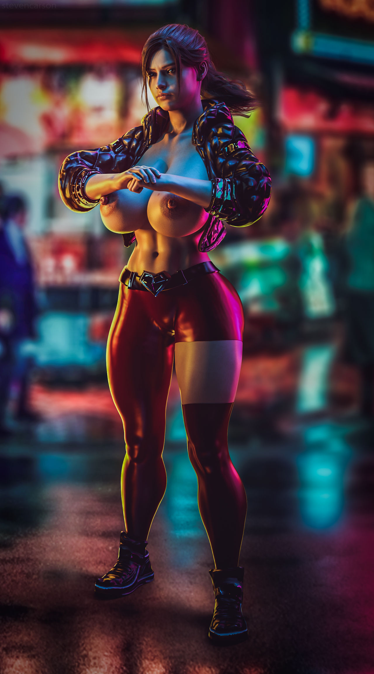 1girls, 3d, big breasts, breasts, brown hair, busty, capcom, casual exposure, casual nudity, claire redfield, claire redfield (jordan mcewen), female, female only, full body, hourglass figure, large breasts, long hair, pinup, pinup pose, ponytail, resident evil, resident evil 2, resident evil 2 remake, solo, standing, stevencarson, wide hips