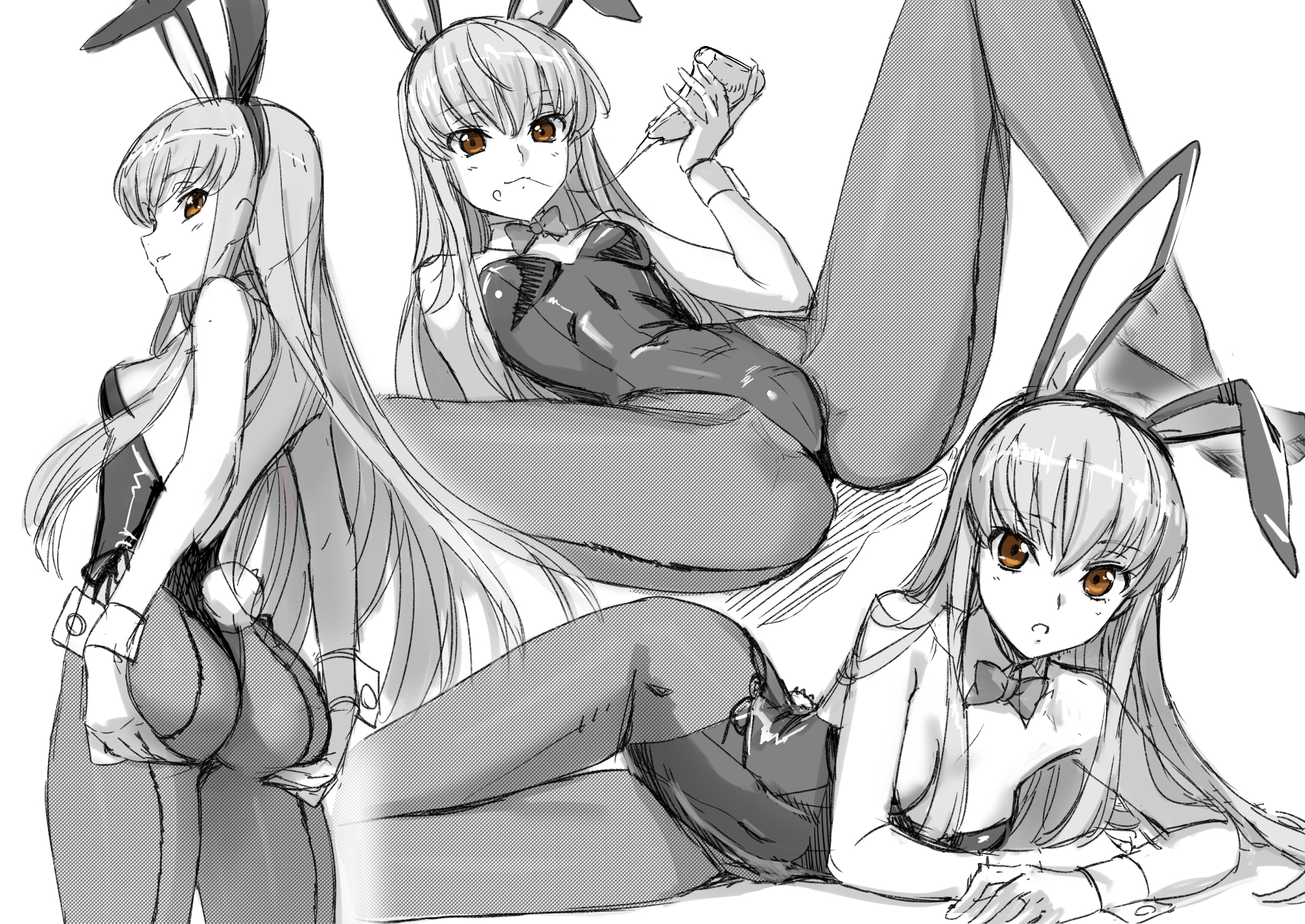 1girls, ass, ass grab, bowtie, breasts, bunny ears, bunnysuit, c.c., code geass, detached collar, eating, fake animal ears, female, food, kawakami rokkaku, leotard, long hair, monochrome, on back, on side, pantyhose, pizza, solo, spread legs, standing, tagme, wrist cuffs