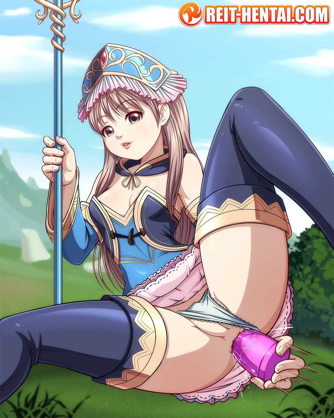 1girls 4:5 anal anal_dildo anal_insertion atelier atelier_(series) dildo female looking_at_viewer open_legs panties_aside reit sex_toy skirt_up small_breasts tagme totooria_helmold watermark