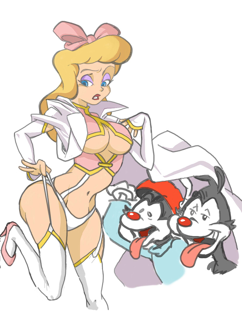 1girls 2boys animaniacs bikini blonde_hair blue_eyes breasts grubberpix hello_nurse lipstick underboob wakko_warner warner_brothers wide_hips yakko_warner