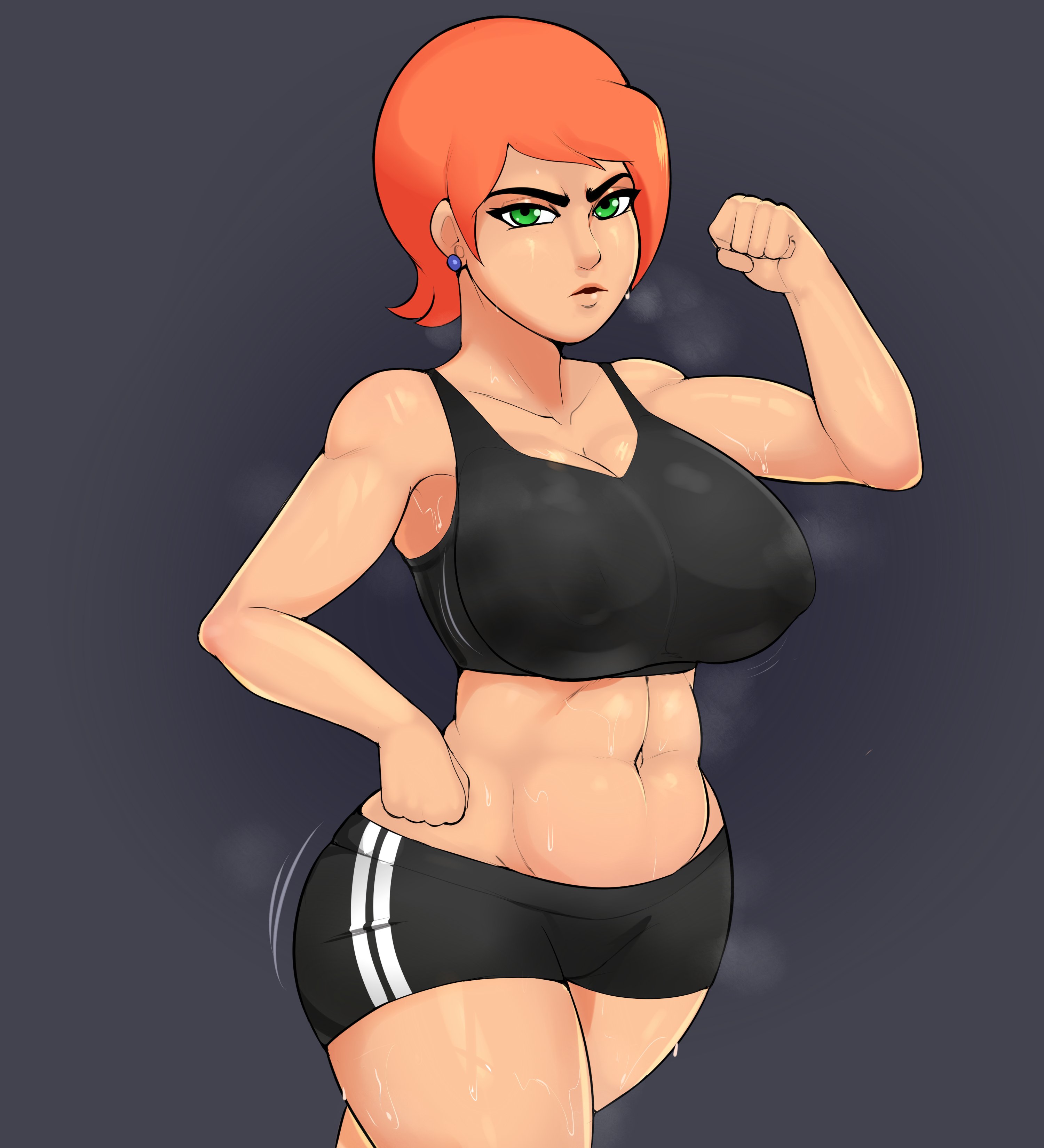 1girls, aged up, ass, ass bigger than head, ben 10, big ass, big breasts, big butt, breasts, bubble ass, bubble butt, cartoon network, cleavage, clothed, clothed female, clothes, clothing, female, female only, fit, fit female, fully clothed, g3mma, green eyes, gwen tennyson, gym clothes, looking at viewer, nipple bulge, open mouth, orange hair, redhead, short hair, shorts, simple background, solo, solo female, sports bra, sportswear, sweat, tagme, voluptuous, wide hips, workout clothes