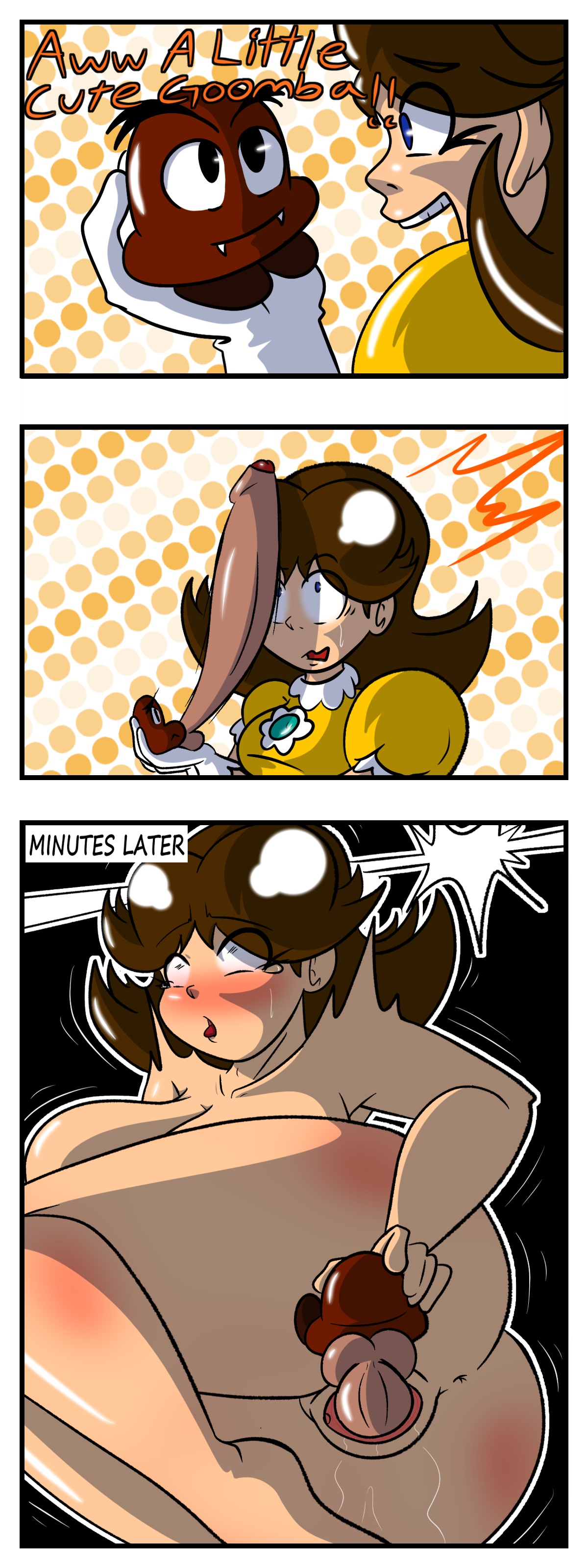1boy, 1girls, age difference, artlaccer (artist), ass, balls, big ass, big butt, blue eyes, brown hair, cheating, cheating female, cheating girlfriend, comic, crying with eyes open, dialogue, english text, female, goomba, improvised sex toy, instant loss 2koma, interspecies, long penis, male, mario (series), mind break, netorare, ntr, penis, princess daisy, pussy, size difference, small but hung, smaller male, testicles, text, tongue