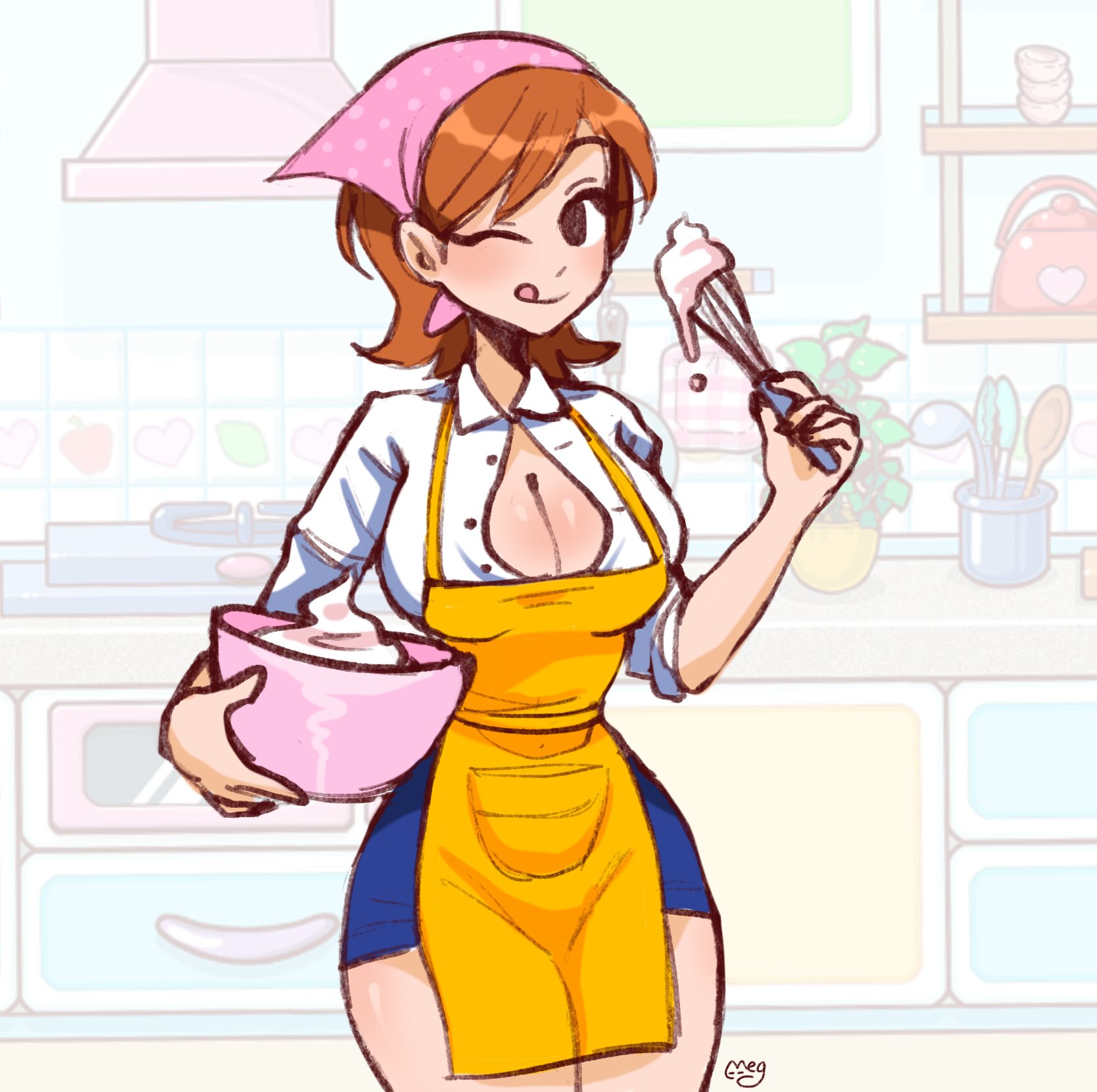 1girls, 2022, apron, big breasts, boob window, breasts, cleavage, clothed, cooking mama, female, female only, kitchen, looking at viewer, mama (cooking mama), megrocks, milf, one eye closed, skirt, smile, solo, solo female, tagme, thick thighs, unbuttoned shirt, wink