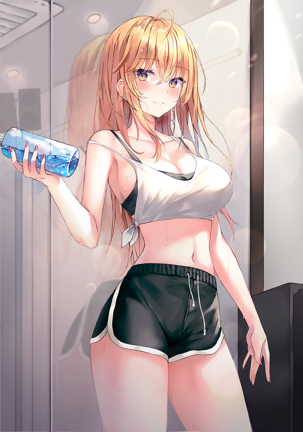 1girls, artist request, big breasts, blonde hair, blush, breasts, cleavage, clothed, clothing, crop top, cross, cross earrings, cute, earrings, female, female only, gym, gym clothes, gym shorts, hi res, human, looking at viewer, midriff, nail polish, original, original character, shorts, smile, sports bra, sportswear, strap slip, sweat, thick thighs, thighs, water bottle, workout, yellow eyes