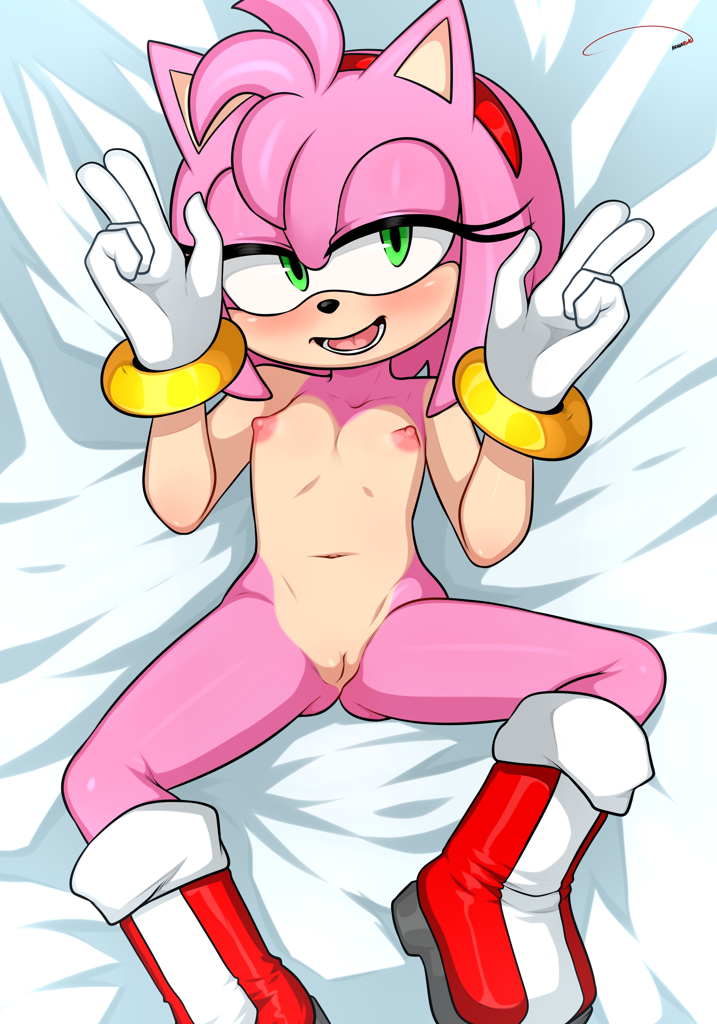 1girls, 2020, 5 fingers, accessory, aldharoku, amy rose, anthro, areola, areolae, bed sheet, blush, boots, bracelet, breasts, countershade arms, countershade face, countershade torso, countershading, dakimakura, digital drawing (artwork), digital media (artwork), erect nipples, eulipotyphlan, eyelashes, female, female only, fingers, flat chest, flat chested, footwear, full-length portrait, functionally nude, genitals, gloves, green eyes, hair, hair accessory, hair ornament, hairband, hairless pussy, half-closed eyes, handwear, hedgehog, innie pussy, jewelry, looking at viewer, lying, lying on back, mammal, mostly nude, multicolored body, multicolored face, multicolored skin, naked, naked footwear, narrowed eyes, navel, nipples, nude, on back, open mouth, open smile, open-mouth smile, paipan, pink body, pink hair, pink skin, portrait, pussy, sega, shoes, short hair, small breasts, smile, solo, solo female, sonic (series), sonic the hedgehog (series), spread legs, spreading, tan body, tan countershading, tan skin, thighs, two-tone body, two-tone face, two-tone skin, uncensored, vagina, video games, white footwear, white gloves
