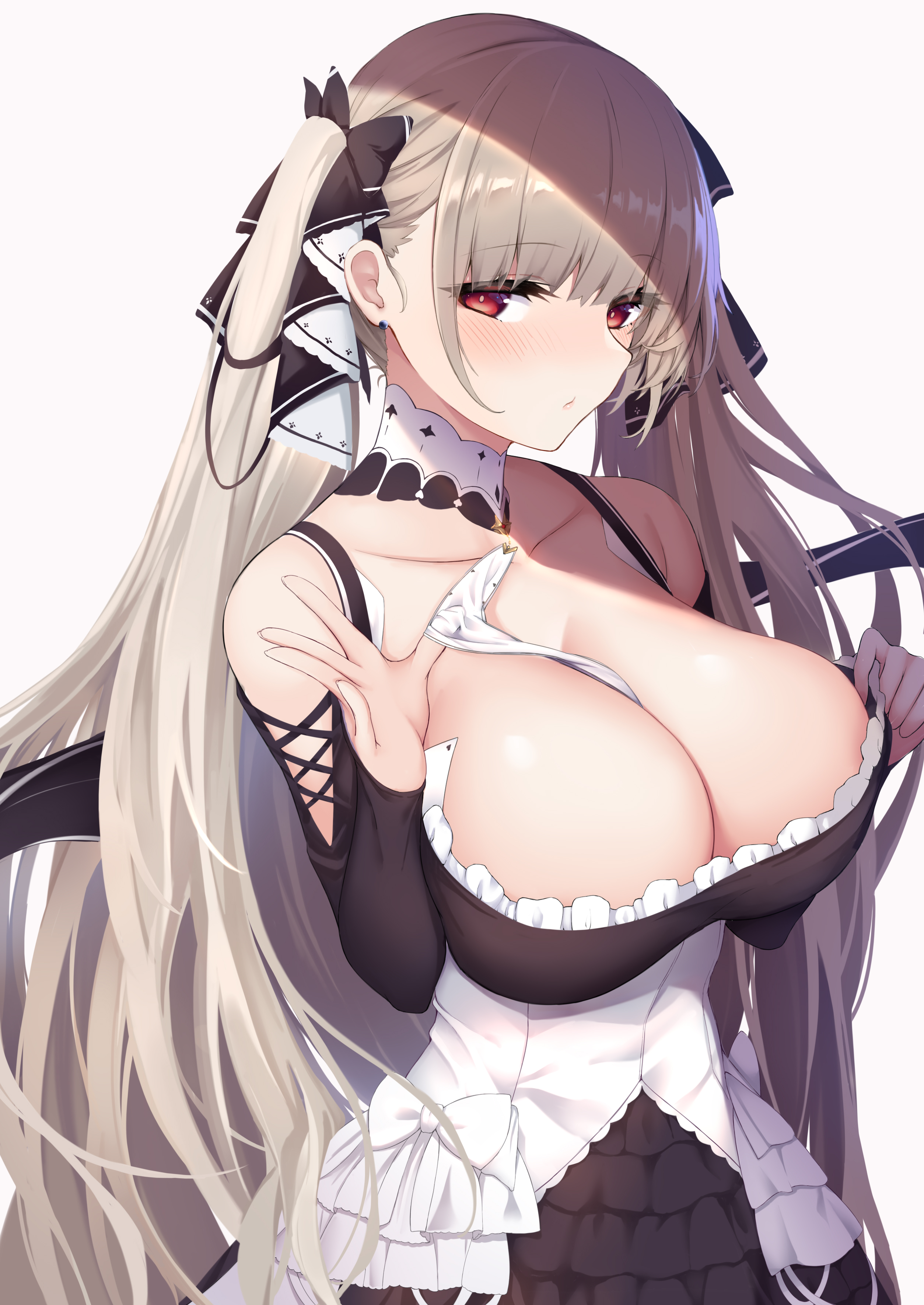 1girls, absurdres, azur lane, bangs, bare shoulders, between breasts, big breasts, black dress, breasts, cleavage, dress, female, formidable (azur lane), frilled dress, frills, grey hair, highres, large breasts, long hair, nakatama kyou, platinum blonde hair, red eyes, ribbon, solo, twintails, two-tone dress, two-tone ribbon, very long hair