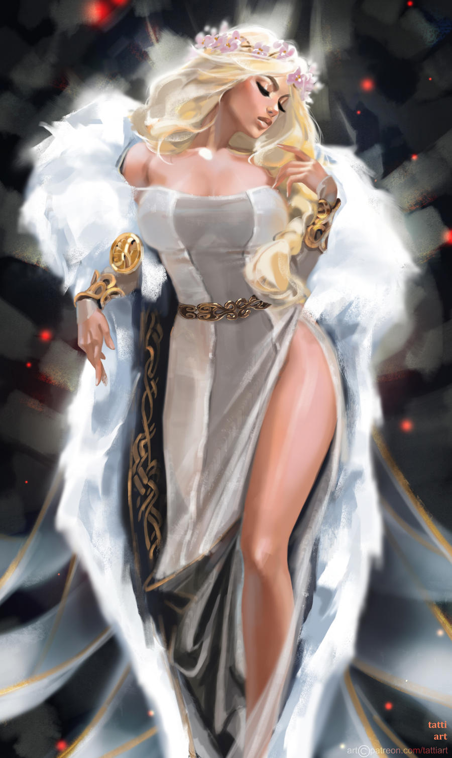 1girls, ass, astrid hofferson, belt, blonde hair, braid, braided hair, bride, cleavage, closed eyes, crown, curvaceous, curvy, curvy body, curvy female, curvy figure, dreamworks, exposed, exposed shoulders, female, female only, flower, flower crown, flowers, fur cape, hair, heroine, hourglass figure, how to train your dragon, legs, light skin, light-skinned female, long hair, mostly clothed, pose, posing, solo, solo female, stomach, tattiart, vambraces, voluptuous, voluptuous female, wedding dress, white clothing