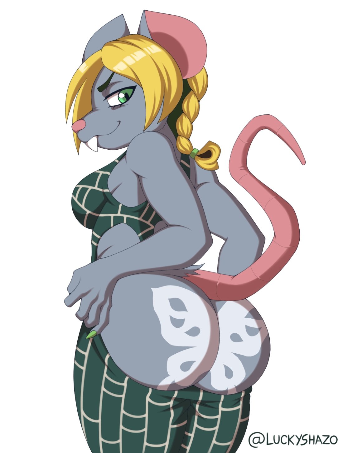 1girls, anthro, anthro only, ass, big ass, blonde hair, breasts, buckteeth, clothed, clothing, female, fur, furrification, furry, furry only, grey body, grey fur, huge ass, jojo's bizarre adventure, jolyne kujo, looking at viewer, looking back, luckyshazo, no humans, presenting, presenting ass, rat, rat tail, rodent, sideboob, solo, stone ocean, tail