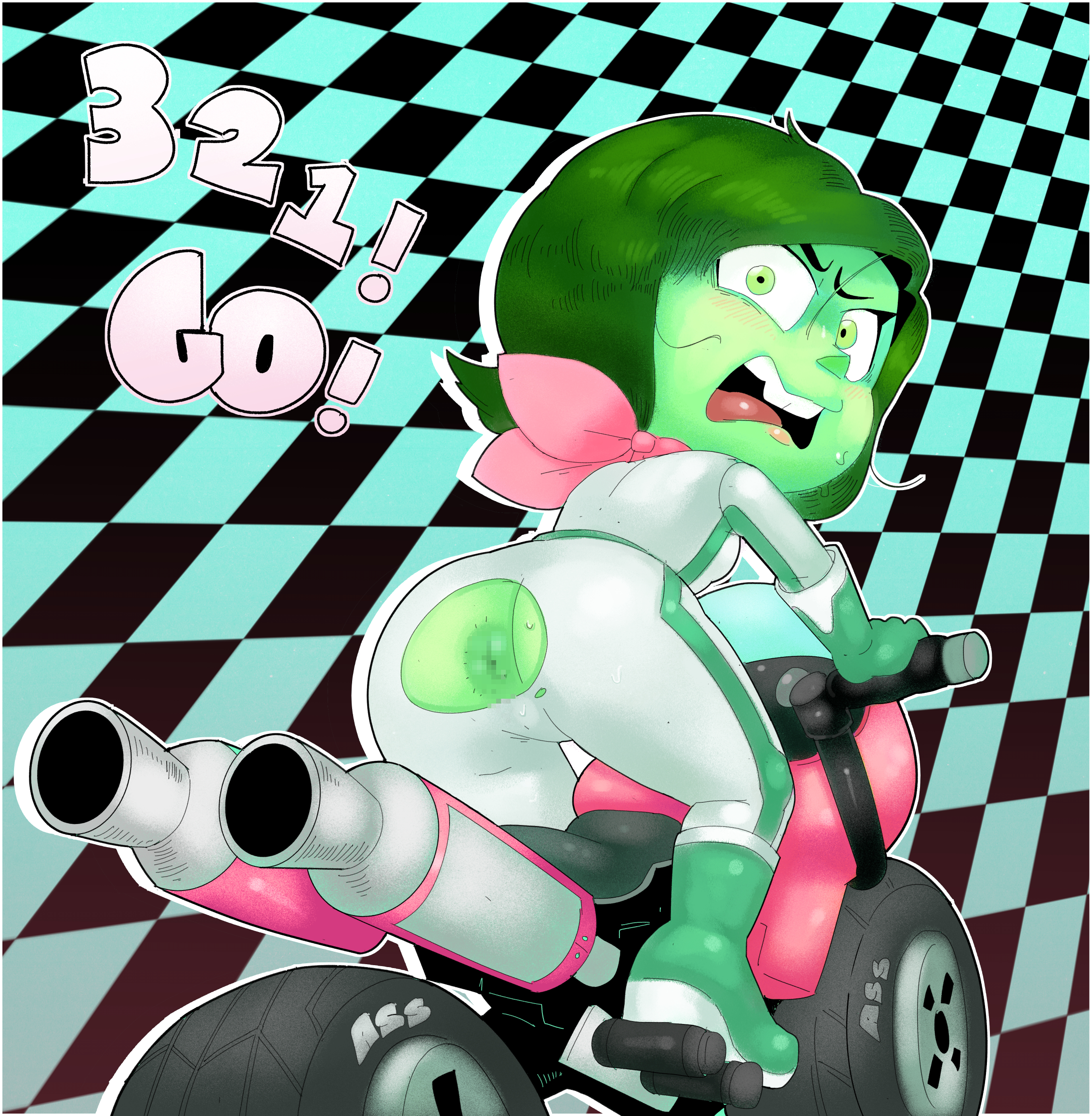 1girls, anal, anal access, anal only, anal only bodysuit, anus, anus cutout, ass, bodysuit, censored, checkered background, disgust (inside out), dogmalord, english text, exposed anus, eyelashes, female, female only, green eyes, green hair, green skin, inside out, latex, mario (series), mario kart, mosaic censoring, motor vehicle, motorcycle, open mouth, ripped bodysuit, ripped clothing, short hair, solo