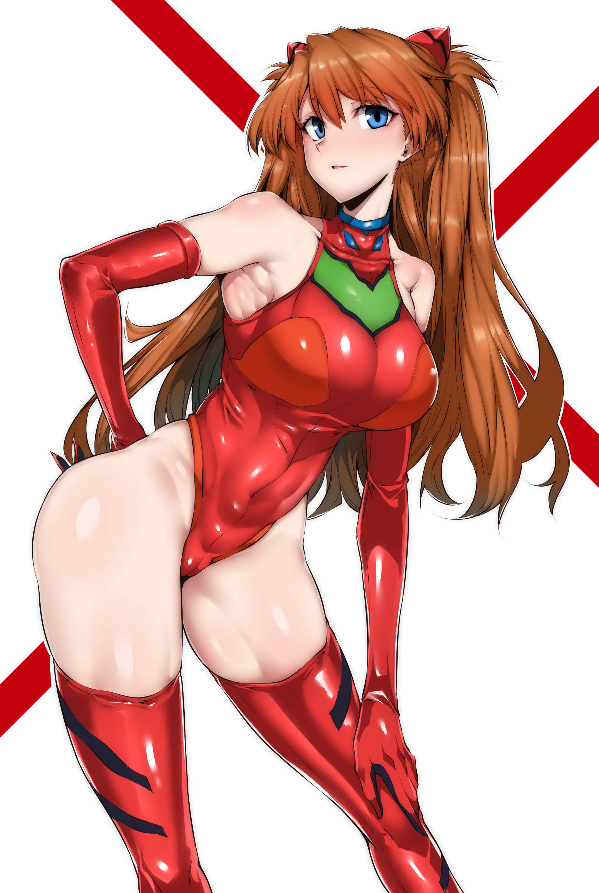 1girls, 2022, armpits, asuka langley sohryu, bare shoulders, blue eyes, bodysuit, breasts, clothing, curvy, female, female only, gggg, gloves, highleg leotard, hips, huge breasts, human, large breasts, legwear, leotard, light skin, light-skinned female, long gloves, long hair, navel line, neon genesis evangelion, orange hair, pilot suit, plugsuit, red gloves, red legwear, red leotard, sleeveless leotard, slim waist, stockings, thick thighs, thighhighs, thighs, thong, thong leotard, twintails, wide hips