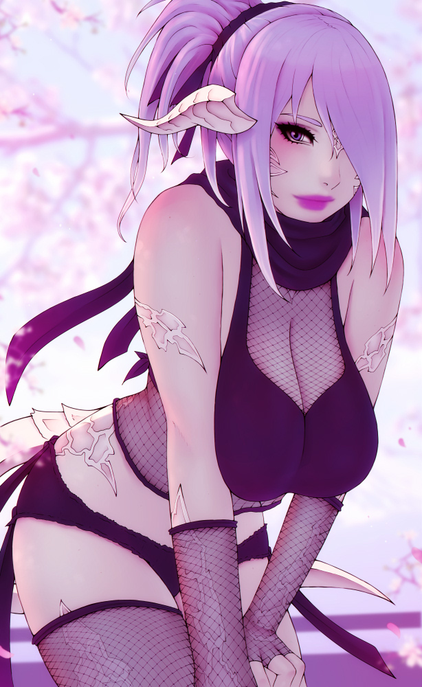 1girls au_ra breasts cherry_blossoms cleavage eyeshadow female final_fantasy final_fantasy_xiv fishnet_armwear fishnet_legwear fishnets hair_over_one_eye kunoichi large_breasts looking_at_viewer makeup outdoors ponytail purple_eyes purple_hair purple_lipstick raen soranamae spring spring_(season) tail two_tone_hair