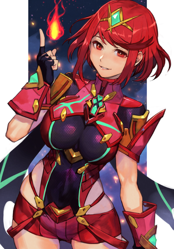 1girls big_breasts breasts clothed clothing female female_only fingerless_gloves fire hungry_clicker jewelry pyra red_eyes red_hair short_shorts smile smiling smiling_at_viewer xenoblade_(series) xenoblade_chronicles_2