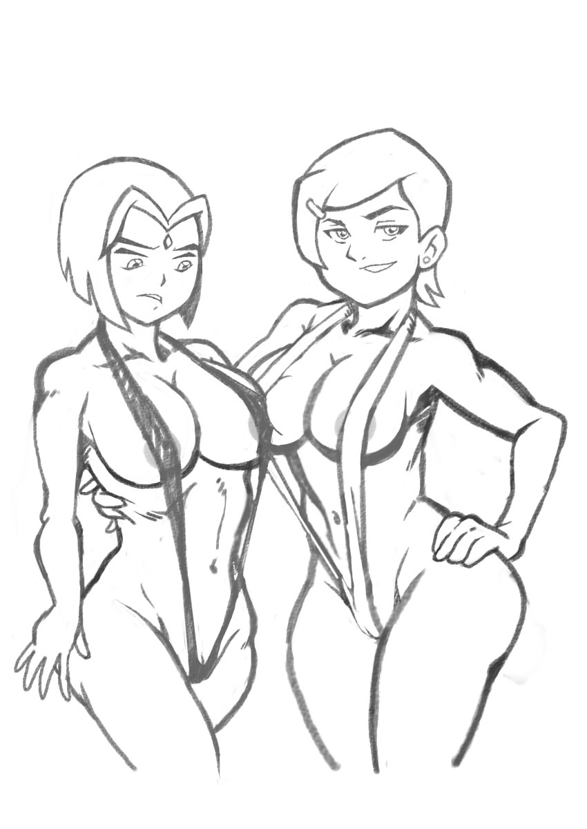 2girls, aged up, areola slip, areolae, ben 10, big breasts, breasts, cartoon network, crossover, dc, dc comics, female, female only, grubberpix, gwen tennyson, multiple females, multiple girls, rachel roth, raven (dc), string bikini, teen titans, wide hips