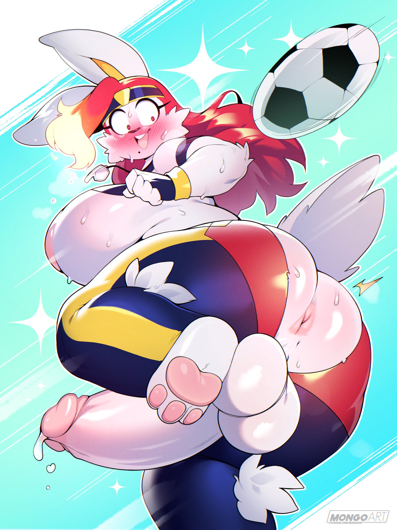 1futa, 3mangos, anthro, anthro only, anus, ass, balls, bianca (shootysyvleon), big ass, big balls, big breasts, big butt, big penis, blush, breasts, breasts out, bunny ears, cinderace, erection, fluffy tail, flustered, furry, furry only, futa only, futanari, generation 8 pokemon, genital fluids, genitals, huge balls, huge cock, intersex, lagomorph, leaking, leaking precum, partially clothed, pawpads, paws, penis, pokemon, pokemon (species), precum, precum drip, rabbit, red eyes, red hair, ripped clothing, slightly chubby, soccer ball, solo, sweat, sweatdrop, sweaty ass, sweaty breasts, sweaty butt, tight clothing, torn clothes, uncensored, wardrobe malfunction, whistle, whistle around neck