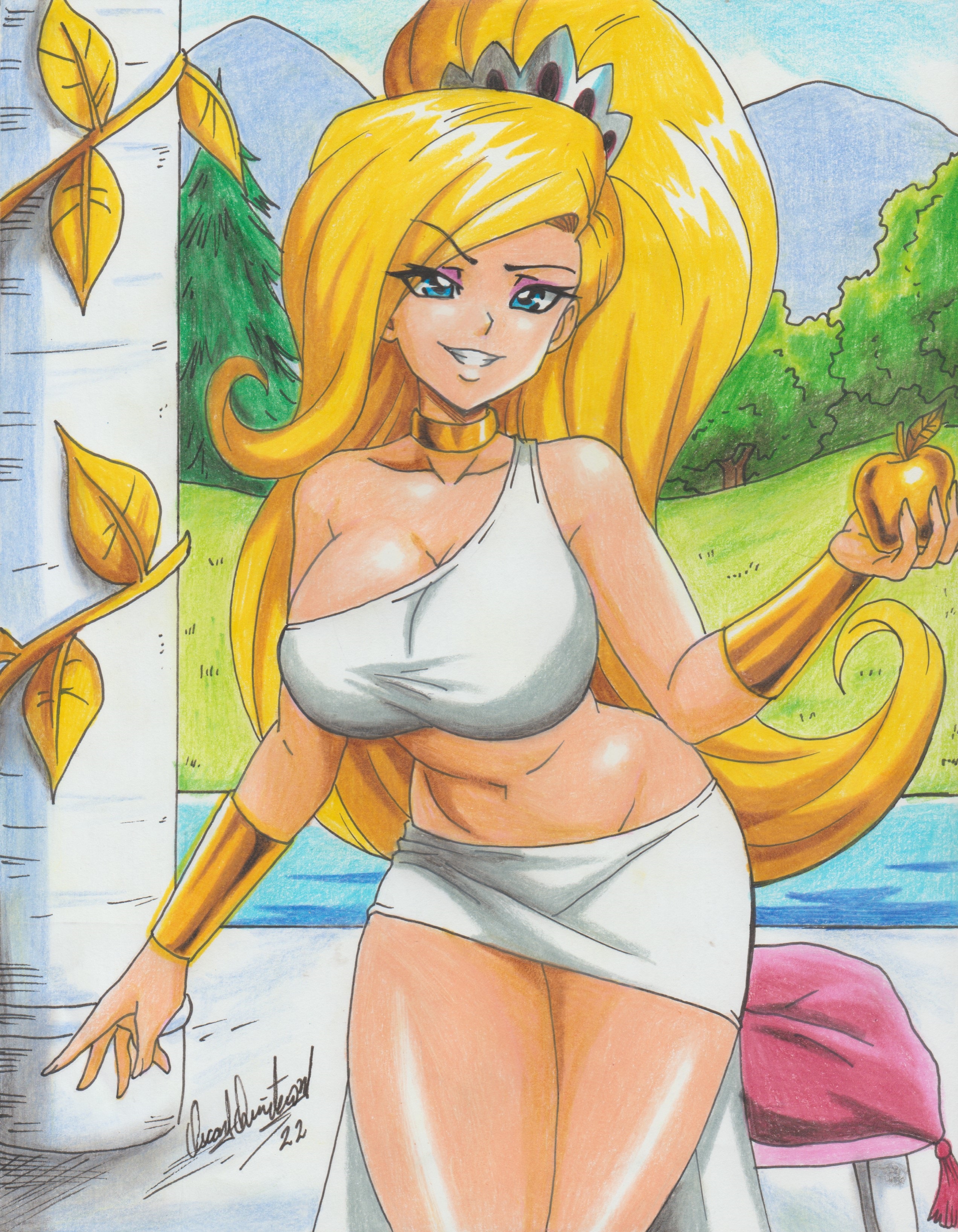 1girls, 2022, anime style, big breasts, blonde hair, blue eyes, breasts, cartoon network, cleavage, clothed, eris (billy and mandy), female, goddess, pencil (artwork), ponytail, ravern clouk, skirt, smile, solo, solo female, tagme, the grim adventures of billy and mandy, thick, thick thighs