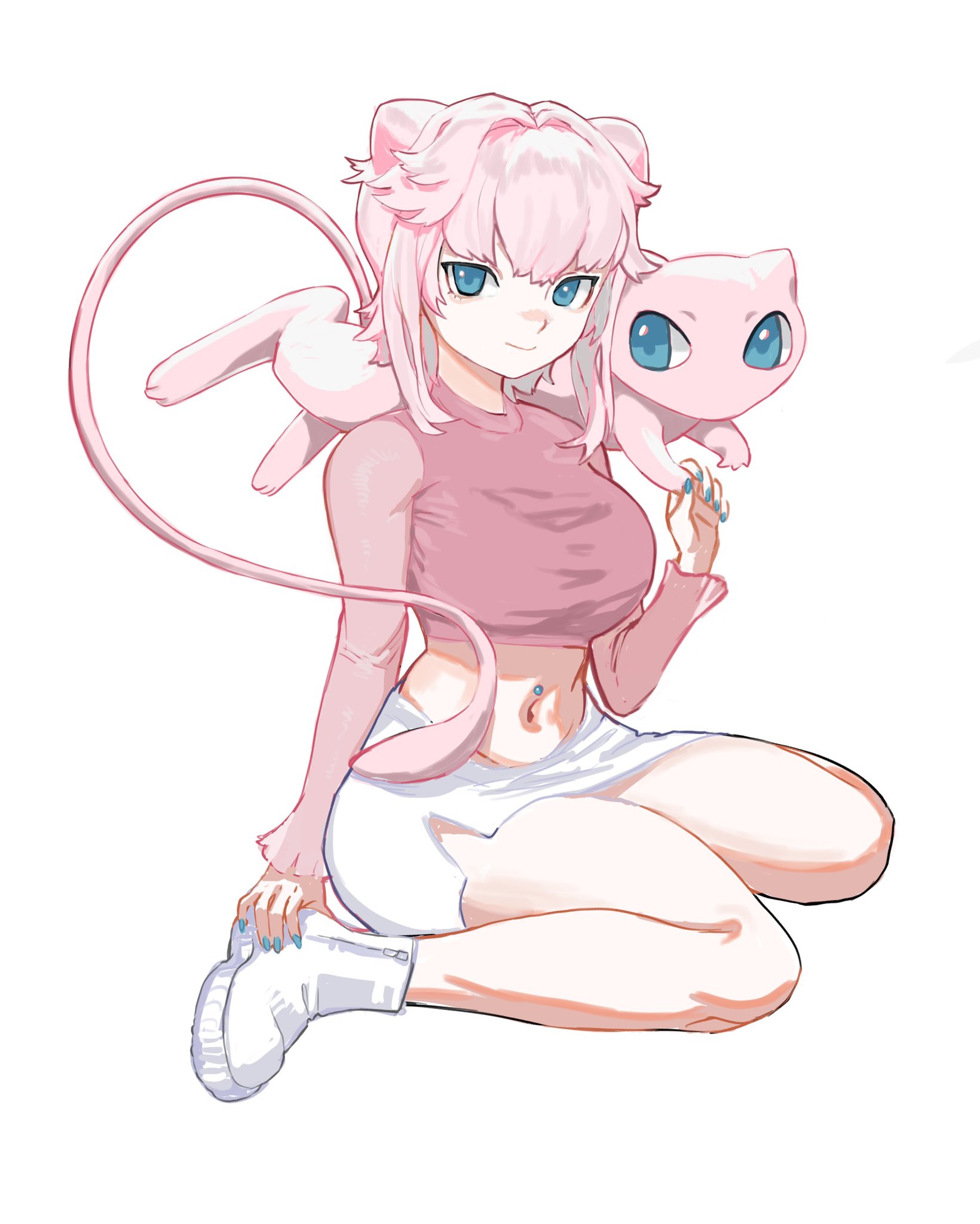 1girls, animal ears, annalyceart, anthro, bangs, bare legs, bare stomach, belly button, belly button piercing, belly piercing, big breasts, blank background, blue eyes, breasts, clothed, clothed female, female, female focus, female only, gijinka, humanized, humanoid, legs together, long sleeves, looking at viewer, medium breasts, mew, nail polish, oc, pink ears, pink hair, pink shirt, plain background, pokémon (species), pokemon, pokemon (species), sfw, shoes, short hair, short skirt, sitting, smiling, smiling at viewer, straight hair, thick thighs, thighs, white background