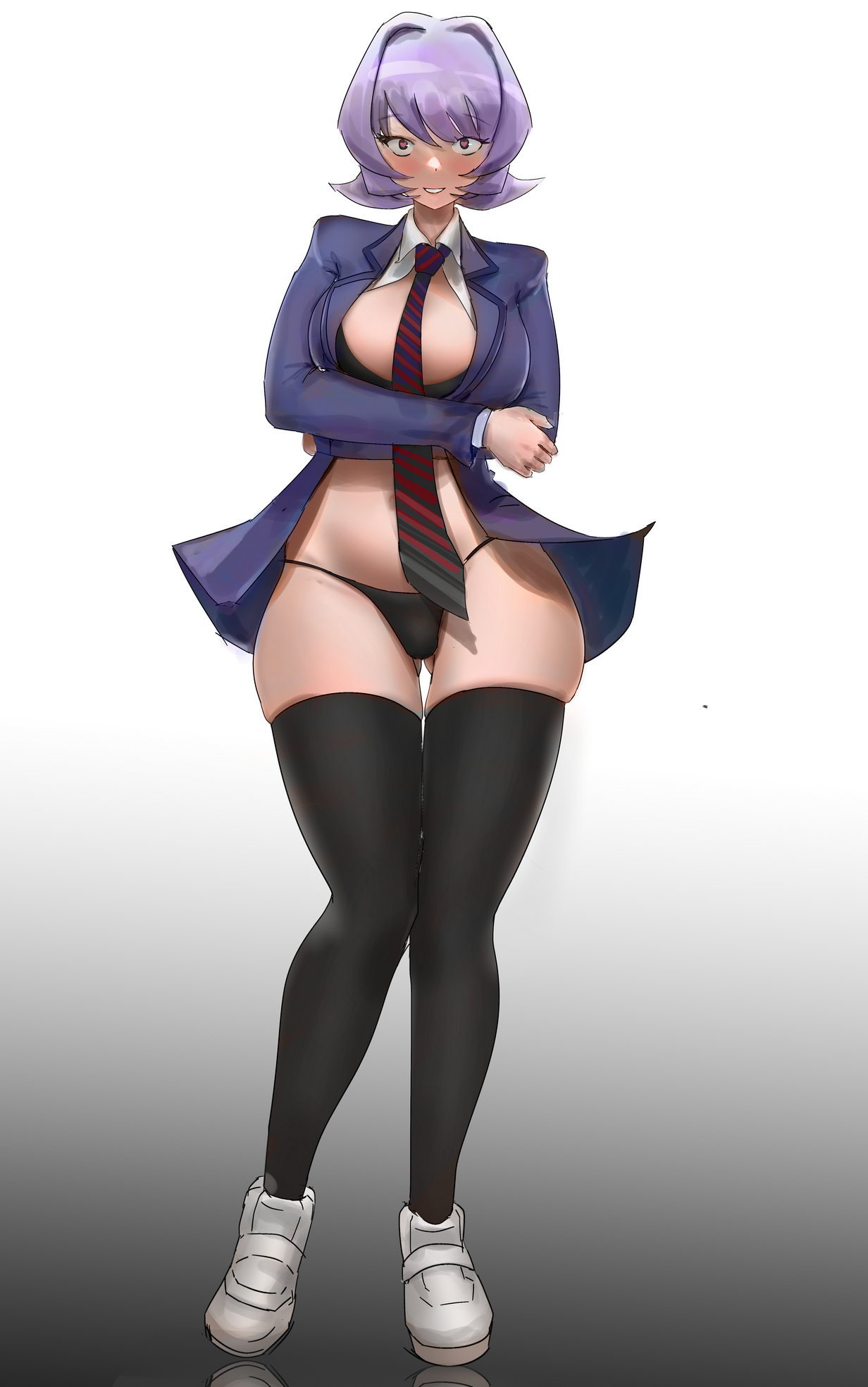 1girls, big breasts, blush, breasts, decima1999, female, komi-san wa komyushou desu, legwear, osana najimi, panties, purple eyes, purple hair, rule 63, school uniform, schoolgirl, smile, solo, solo female, standing, thigh gap, thighhighs, thighs, wide hips