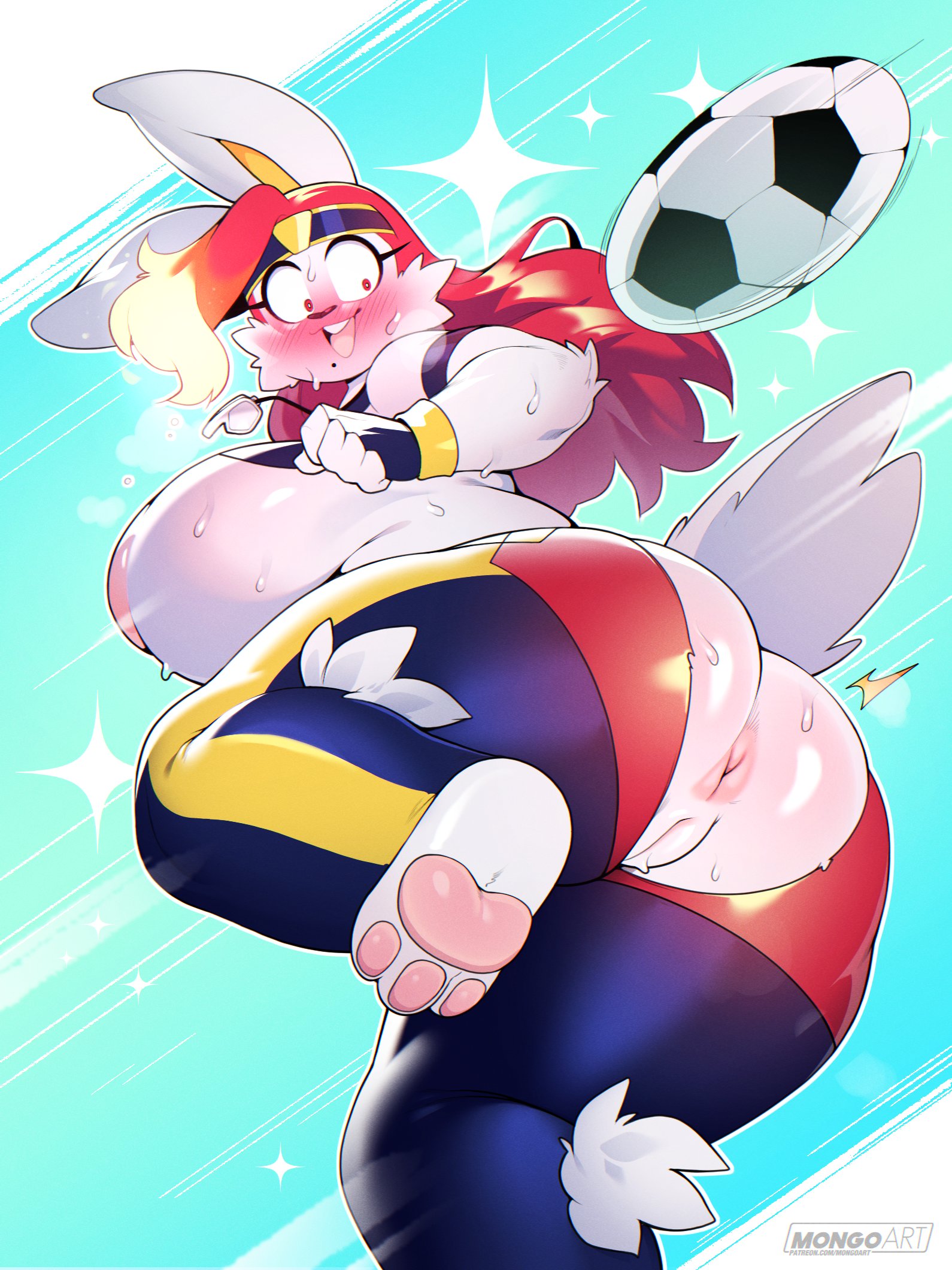 3mangos, anthro, anthro only, anus, ass, big ass, big breasts, big butt, blush, breasts, breasts out, bunny ears, clothing, female, female focus, female only, fluffy tail, flustered, fur, furry, furry only, genitals, hi res, huge breasts, lagomorph, large breasts, low-angle view, partially clothed, pawpads, paws, pussy, rabbit, red eyes, red hair, ripped clothing, slightly chubby, soccer ball, sweat, sweatdrop, sweaty ass, sweaty breasts, sweaty butt, tail, thick thighs, tight clothing, torn clothes, uncensored, wardrobe malfunction, whistle, whistle around neck, wide hips