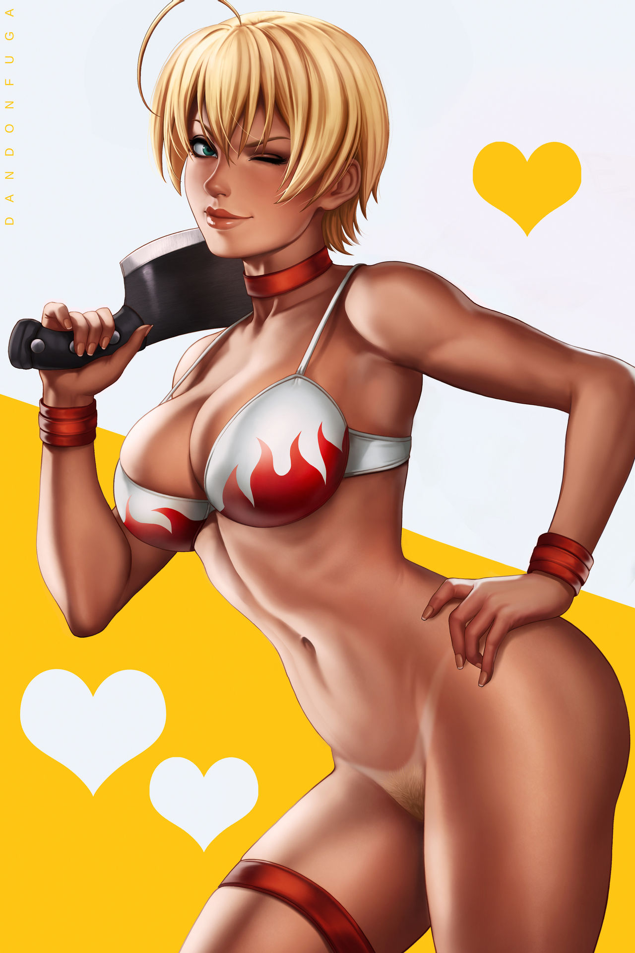 1girls, blonde hair, blonde pubic hair, blonde-haired female, bottomless, breasts, dandon fuga, female, green eyes, gyaru, hand on hip, knife, looking at viewer, mito ikumi, nipples, nude, pubic hair, pussy, shokugeki no souma, solo, tanline, thigh strap