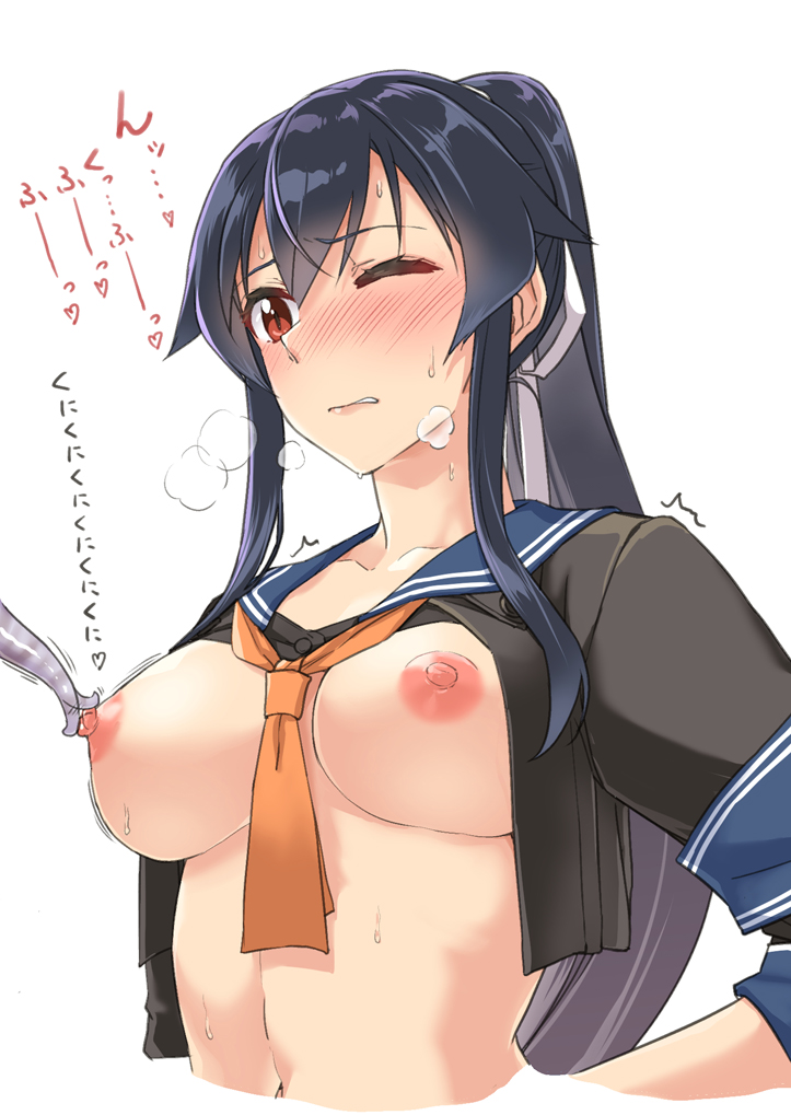 abo_(hechouchou) areolae bangs biting biting_lip black_hair black_shirt blue_sailor_collar blush breasts breath closed_mouth collarbone crop_top crop_top_overhang cropped_shirt enemy_naval_mine_(kantai_collection) eyebrows_visible_through_hair female frown hair_between_eyes hair_ribbon kantai_collection large_breasts navel neckerchief nipple_tweak nipples no_bra one_eye_closed open_clothes open_shirt orange_neckerchief ponytail red_eyes ribbon sailor_collar school_uniform serafuku shinkaisei-kan shirt sidelocks speech_bubble sweat tentacle upper_body white_background white_ribbon yahagi_(kantai_collection)