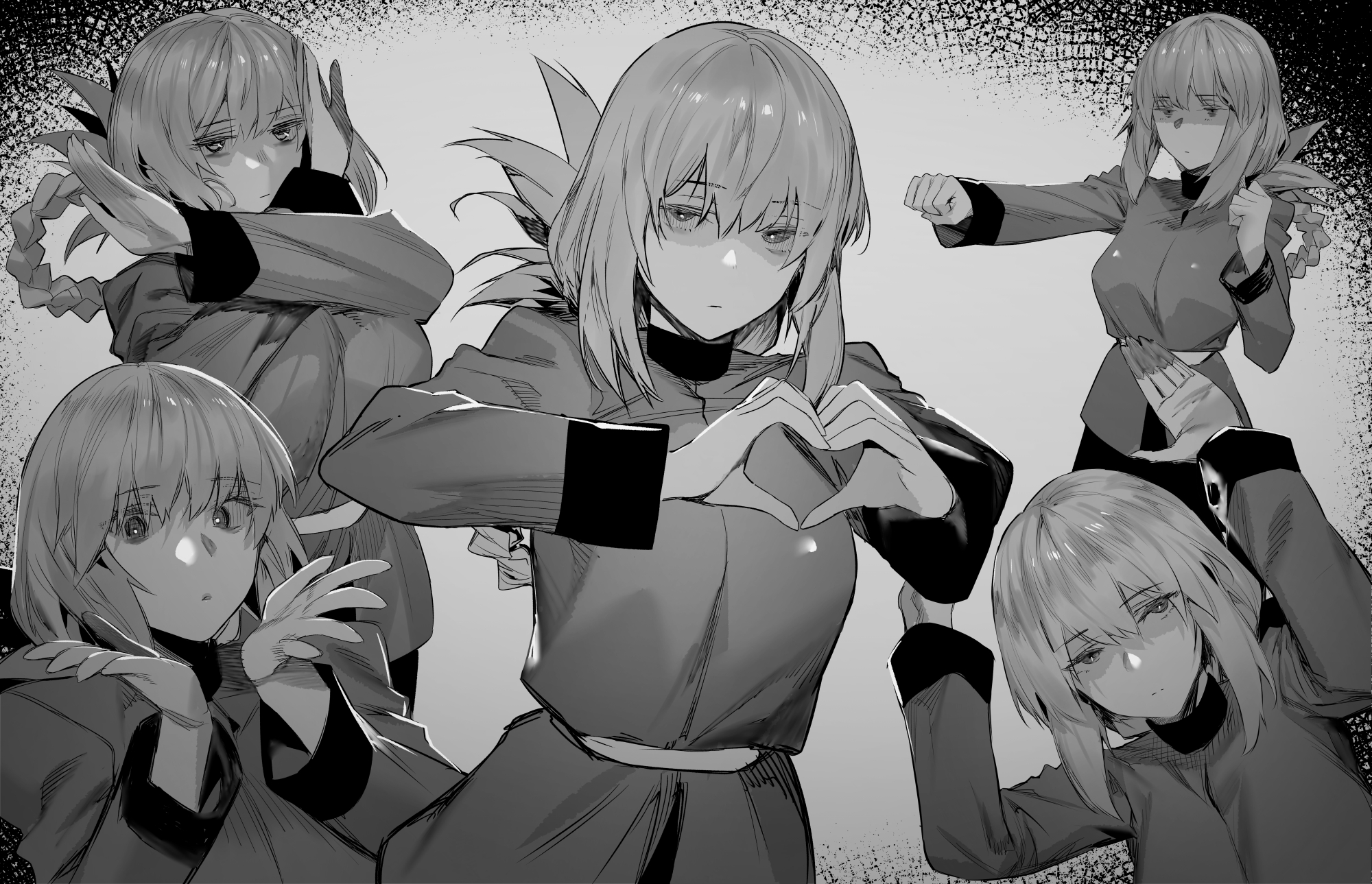 1girls, bangs, braided ponytail, fate (series), fate/grand order, female, female only, florence nightingale (fate), folded ponytail, greyscale, heart hands, highres, hxd, long hair, looking at viewer, monochrome, multiple views, narrowed eyes, solo female