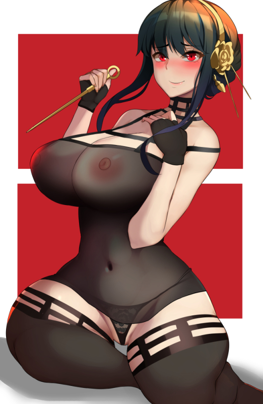 1girls, areolae, assassin, bangs, bare thighs, black hair, black panties, blush, breasts, curvy, female, female only, huge breasts, lainart, nipples, panties, revealing clothes, see-through, short hair, smile, solo, spy x family, stiletto (weapon), thick thighs, thighhighs, thighs, thorn princess, voluptuous, wide hips, yor briar