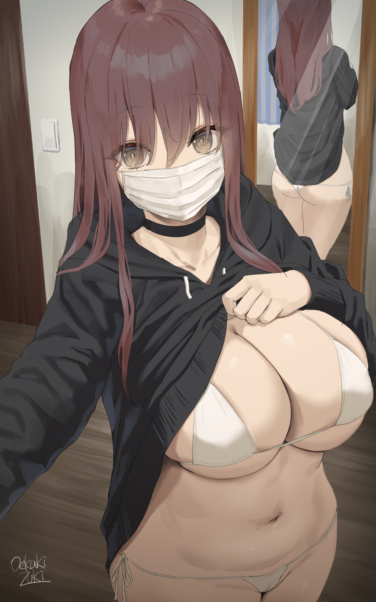1girls, 2022, artist signature, ass, bikini, breasts, brown eyes, brown hair, choker, cleavage, female, female only, hips, hoodie, huge breasts, large ass, long hair, looking at viewer, mask, mirror, oekakizuki, original, original character, selfie, slightly chubby, thick thighs, thighs, top lift, white bikini, wide hips