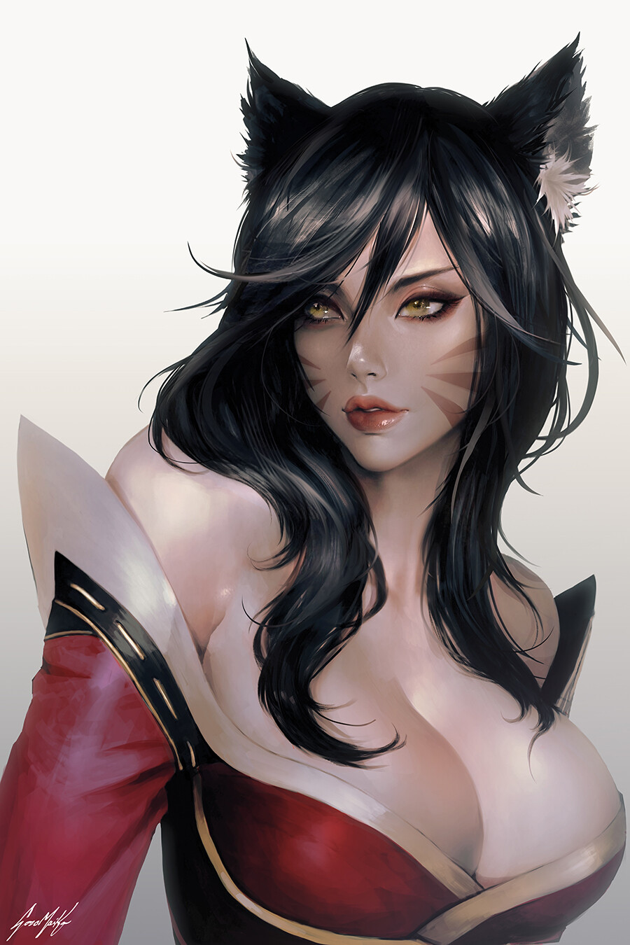 1girls ahri big_breasts cleavage female female_only huge_breasts league_of_legends light-skinned_female painting_(artwork) portrait sozomaika